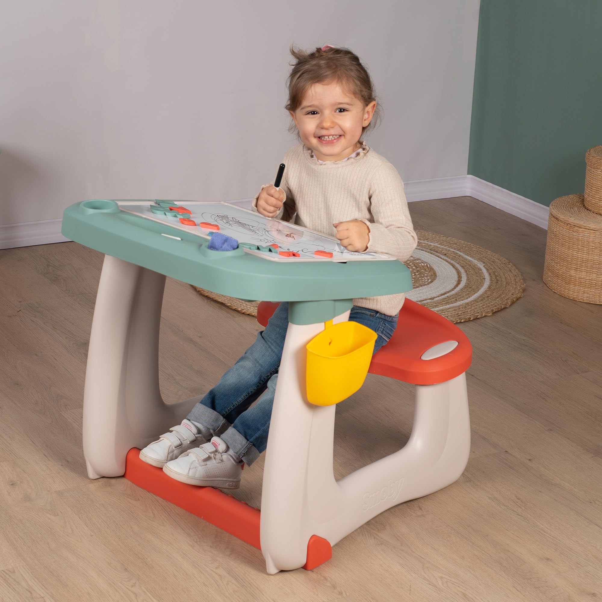 Smoby - Activity Super Banco scuola, 7600420107, +3 anni, lavagna bifacciale, vano portaoggetti, tanti accessori inclusi