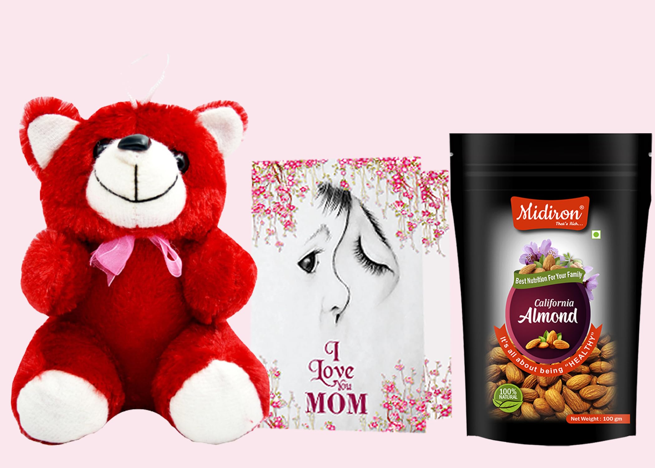 Midiron Almonds gift Combo| Natural California Dried Almonds 100g Pack Pouch | mother's day Gift set| Nutritious & Delicious High| Real Nuts | Gluten Free | Greeting Card, Red Teddy-image-39