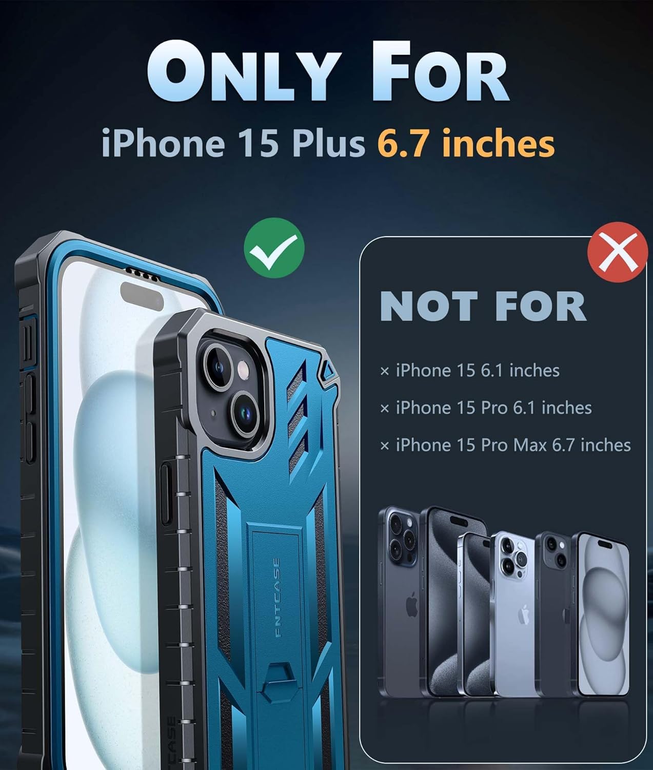 FNTCASE for iPhone 15 Plus Case: for iPhone 14 Plus Case Military Grade Rugged Cell Phone Cover with Kickstand | Shockproof TPU Protection Bumper Matte Textured Design 6.7 inches (Blue) - Image 2