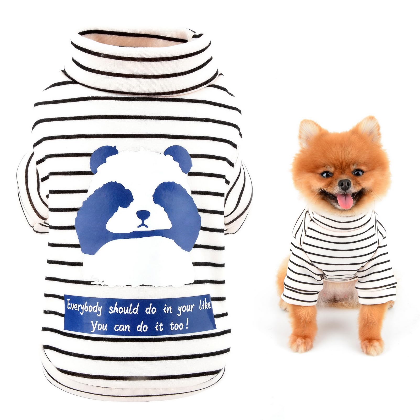 SMALLLEE_LUCKY_STORE Panda Print Striped Turtleneck Sweatshirt for Small Dog Cat Soft Winter Fall Warm Puppy Pullover Jumper Pet Cold Weather Clothes for Chihuahua Yorkie,White,S