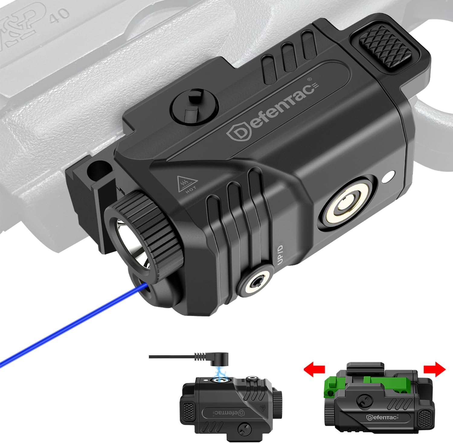 DEFENTAC 450lm Slidable Pistol Light and Blue Laser Sight Combo, Strobe and Momentary Beams for Guns, Magnetic Rechargeable (Blue Laser Light Combo)