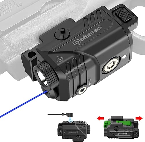 DEFENTAC Luz de pistola deslizante de 450 lm y mira láser azul, luces estroboscópicas y momentáneas para armas, recargable magnética (combo de luz
