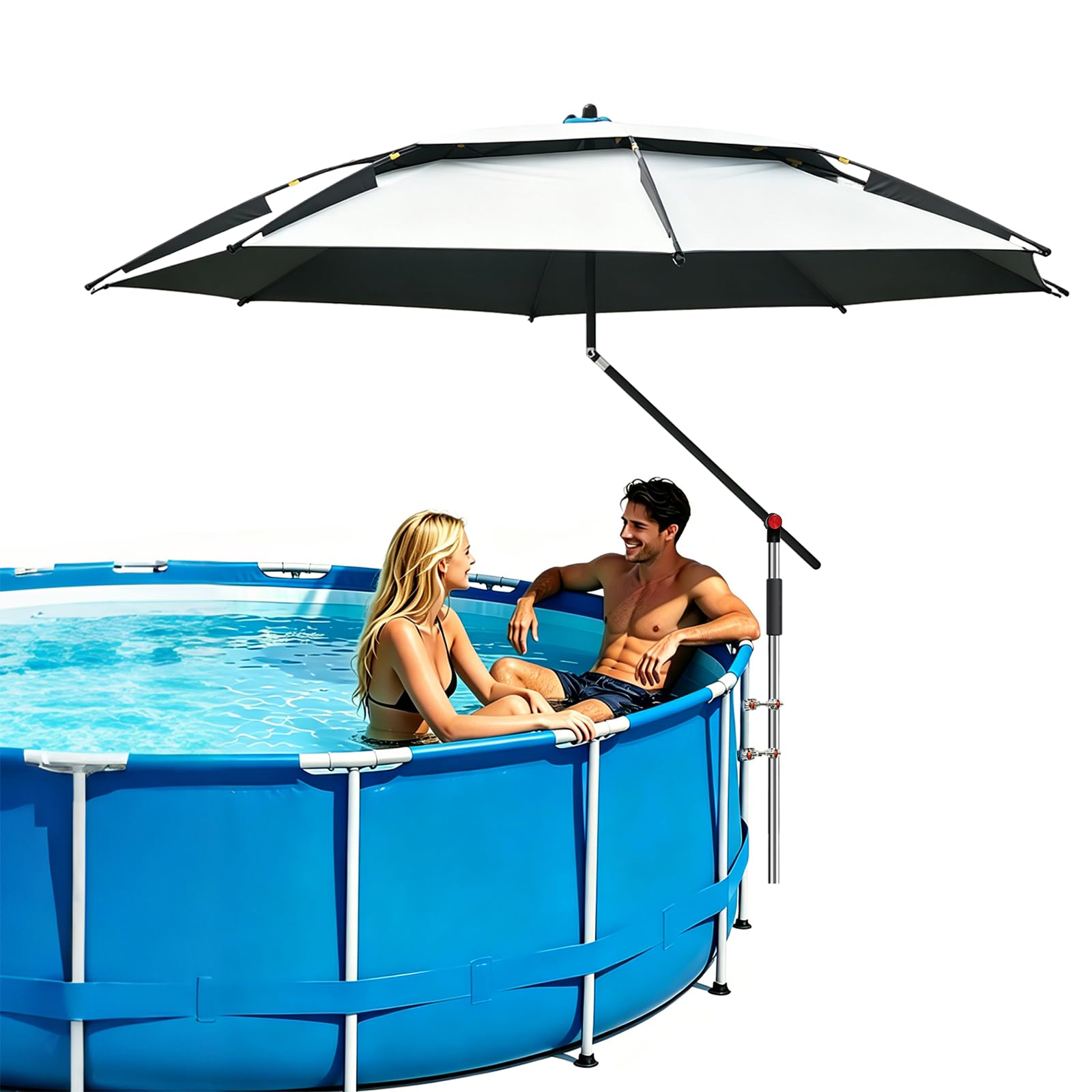 Photo 1 of Above Ground Pool Umbrella 7.9 FT, UPF 50+ Sun Protection, 360° Rotating & Tilt Adjustable, Rust-Resistant Stainless Steel Clamp, with Ground Stake & Carry Bag, Outdoor Umbrella for Patio, Beach, Camping – White
