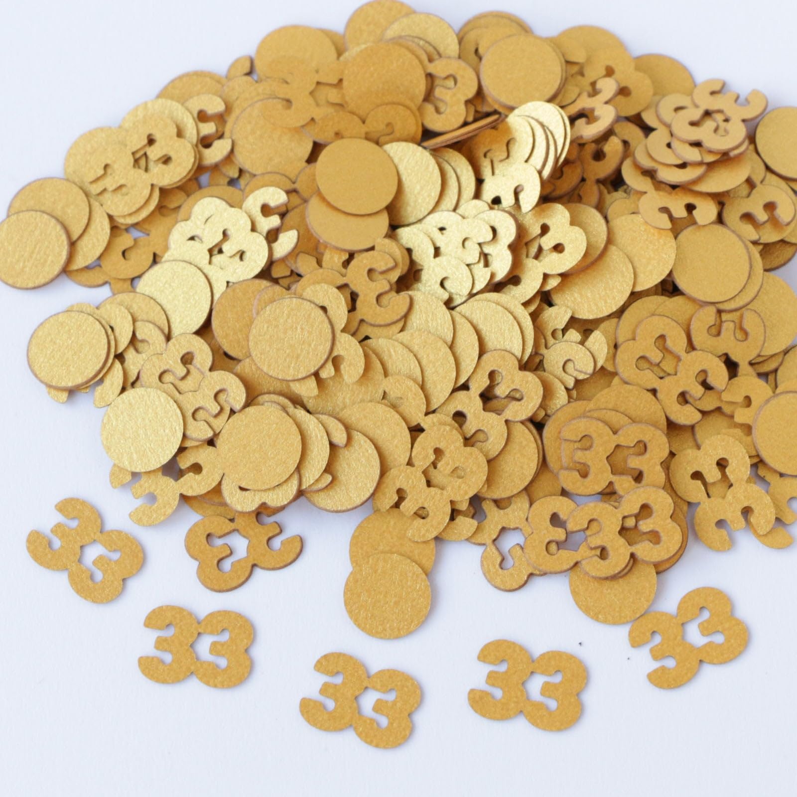 Gold 33rd Birthday Table Confetti with Circles - Pearlescent Card Decorations for Age, Bday, Anniversary or Milestone Party - Scatter or Sprinkle