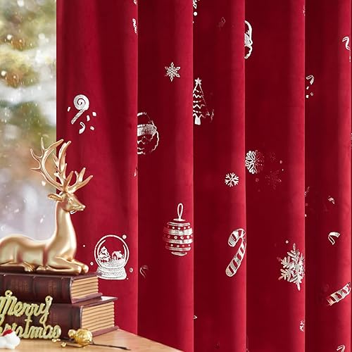 Miniatura 2 de jinchan Cortinas de Navidad para sala de estar, cortinas de terciopelo con copos de nieve de caramelo de 96 pulgadas de largo, juego de 2 paneles de