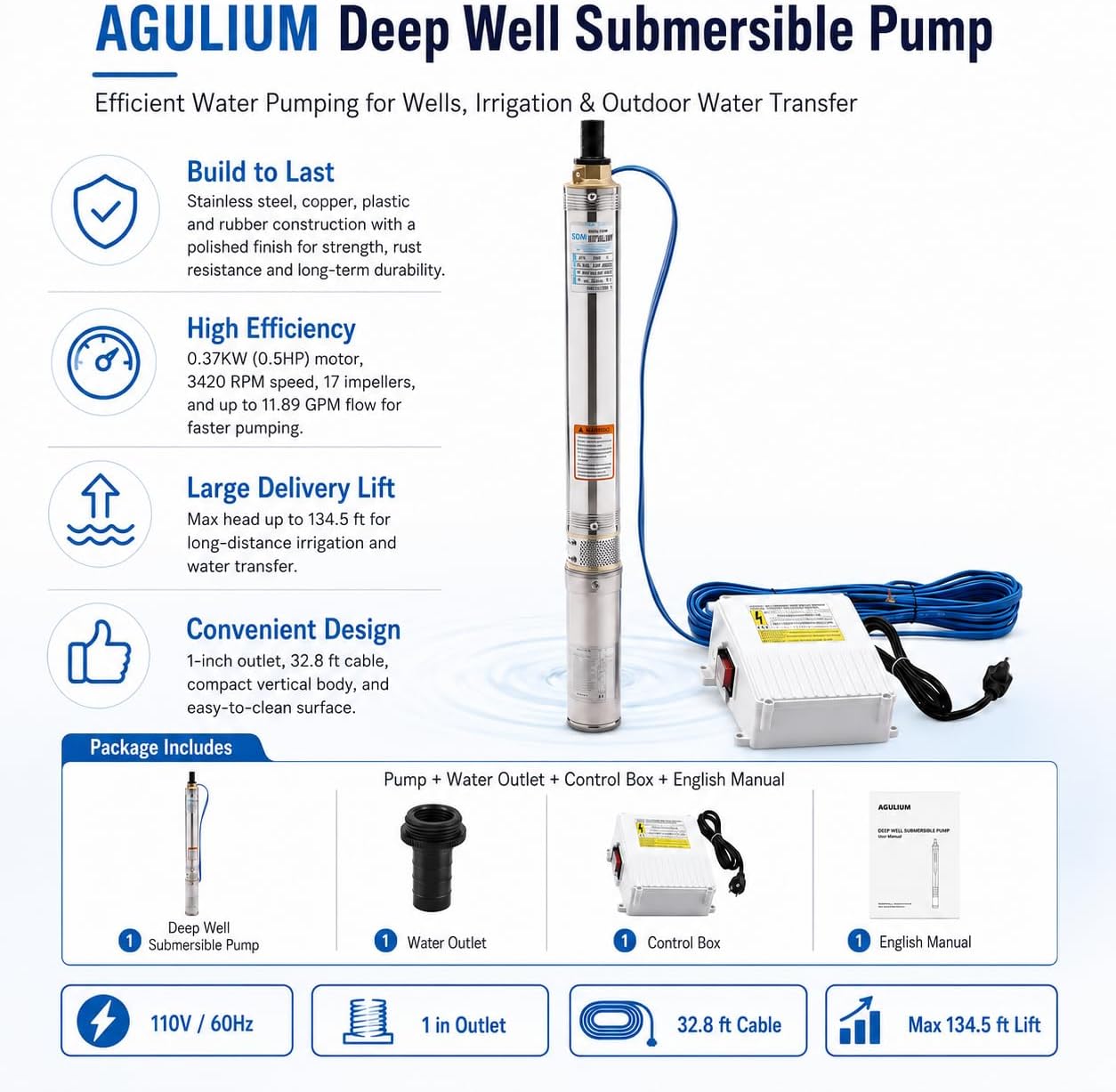 Deep Well Submersible Pump, 0.5HP 110V, 12GPM, 1'' Outlet, 134.5ft Max. Lift, 33ft Cable, Stainless Steel Submersible Well Pump for Deep Wells, Irrigation and Drainage
