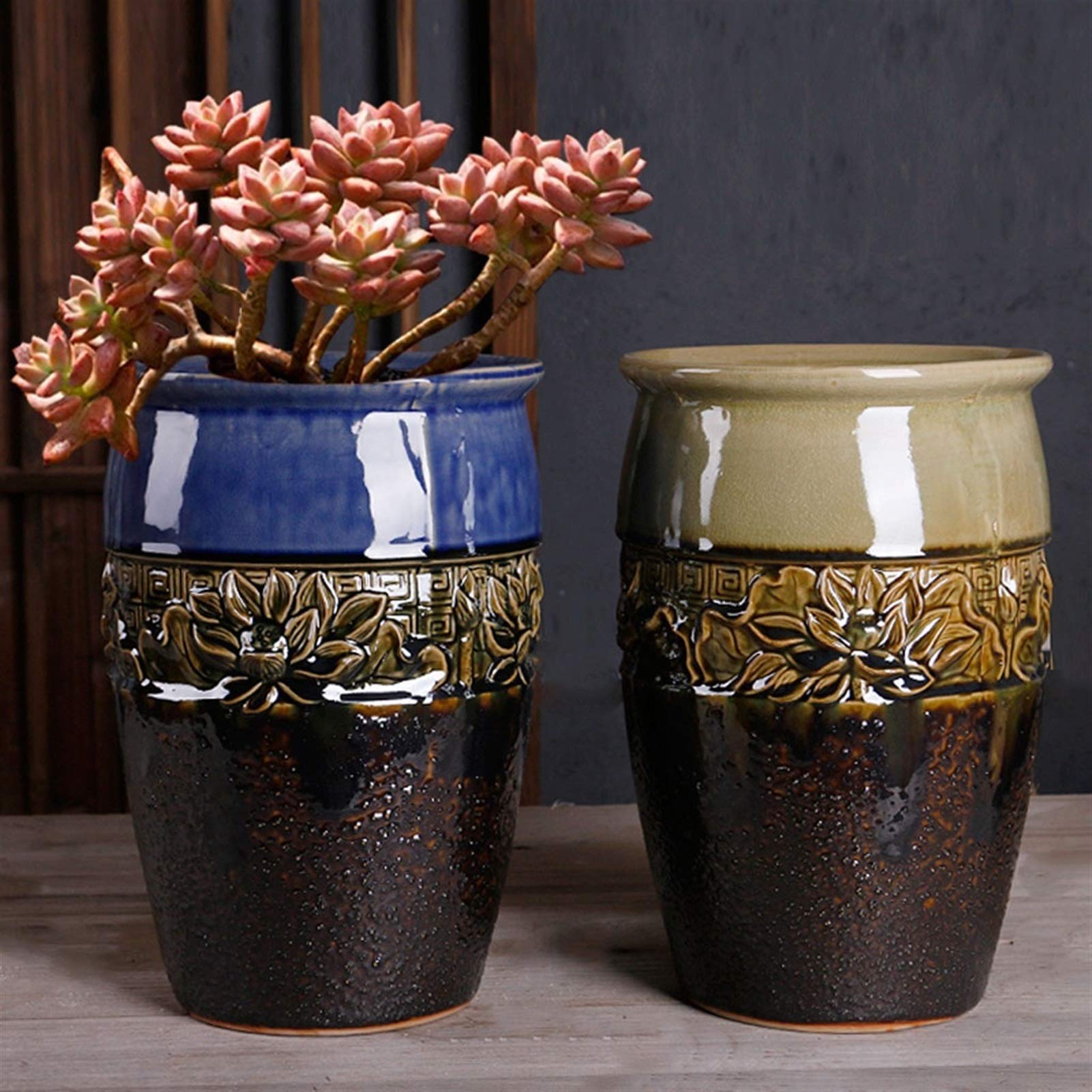 Skrzynka na kwiaty ceramiczna doniczka z otworem do ogrodu na zewnątrz do domu salonu biura jadalni dekoracja retro doniczka 30 cm wysoka skrzynka ogrodowa (kolor: Niebieski)