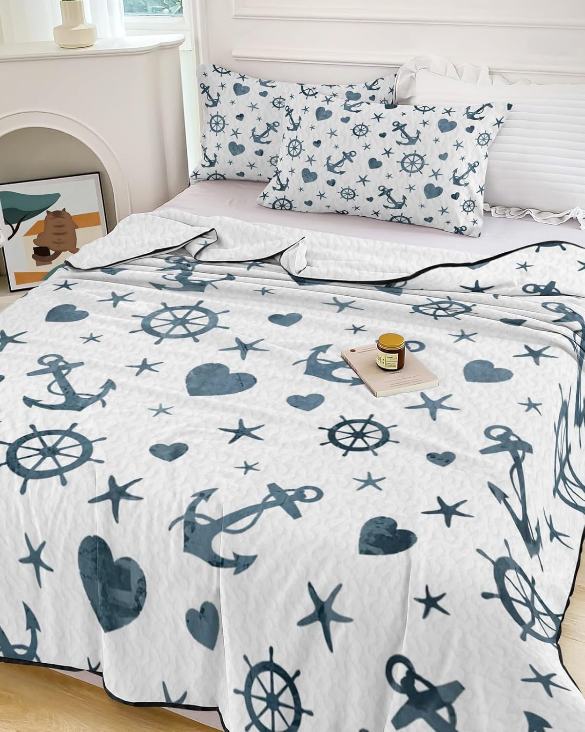 King Size Quilt Set, Nautical Compass Anchor Starfish Lightweight Bedspread Coverlet Set Soft Microfiber Summer Quilt with 2 Pillow Shams, Seamless Hearts Gray Blue 3 Piece Comforter Bedding Set