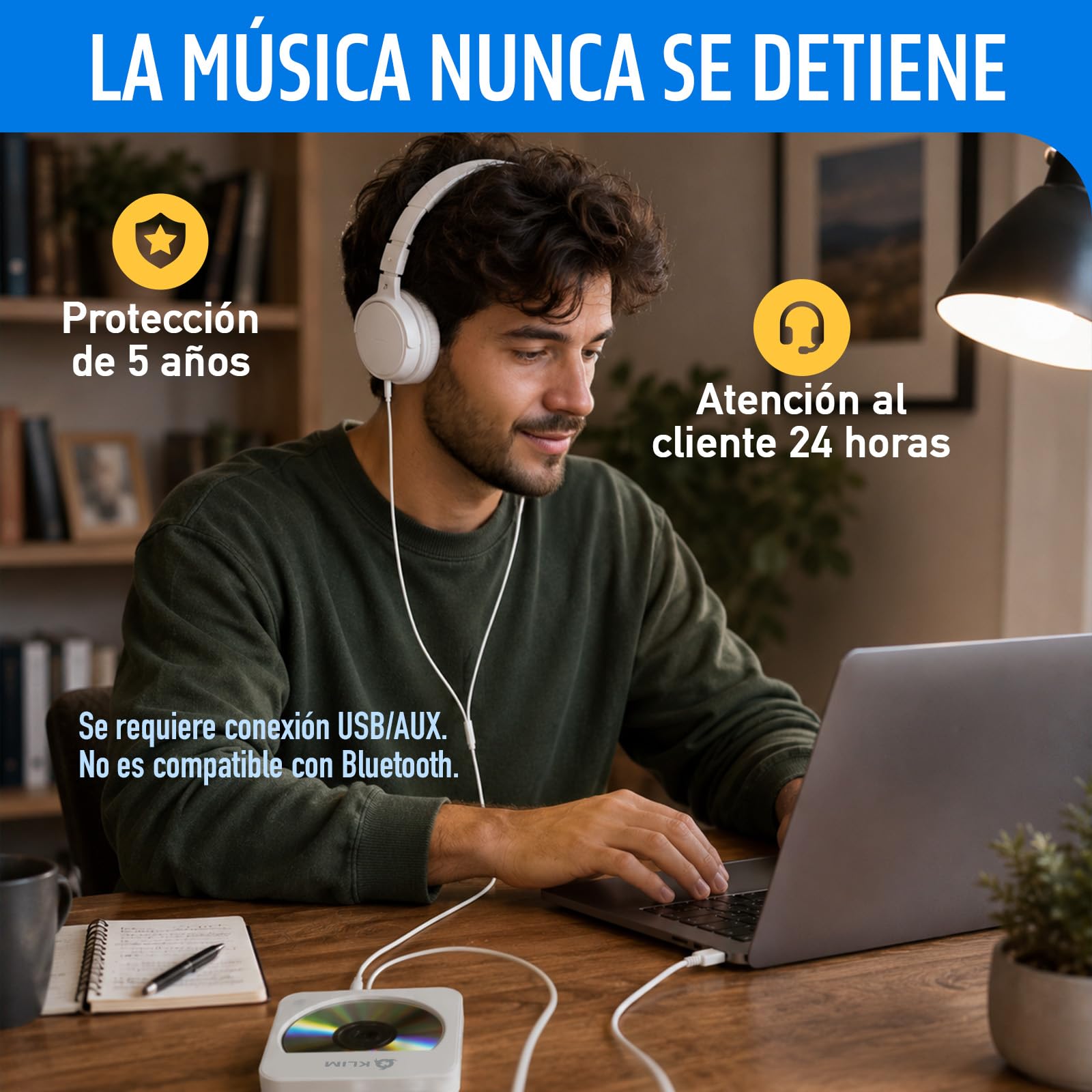 KLIM Reproductor de CD para Coche – Reproductor de CD Externo USB Portátil, Antichoque, Plug & Play, AUX y USB, Mando a Distancia, Compatible con la Mayoría de Vehículos y Portátiles