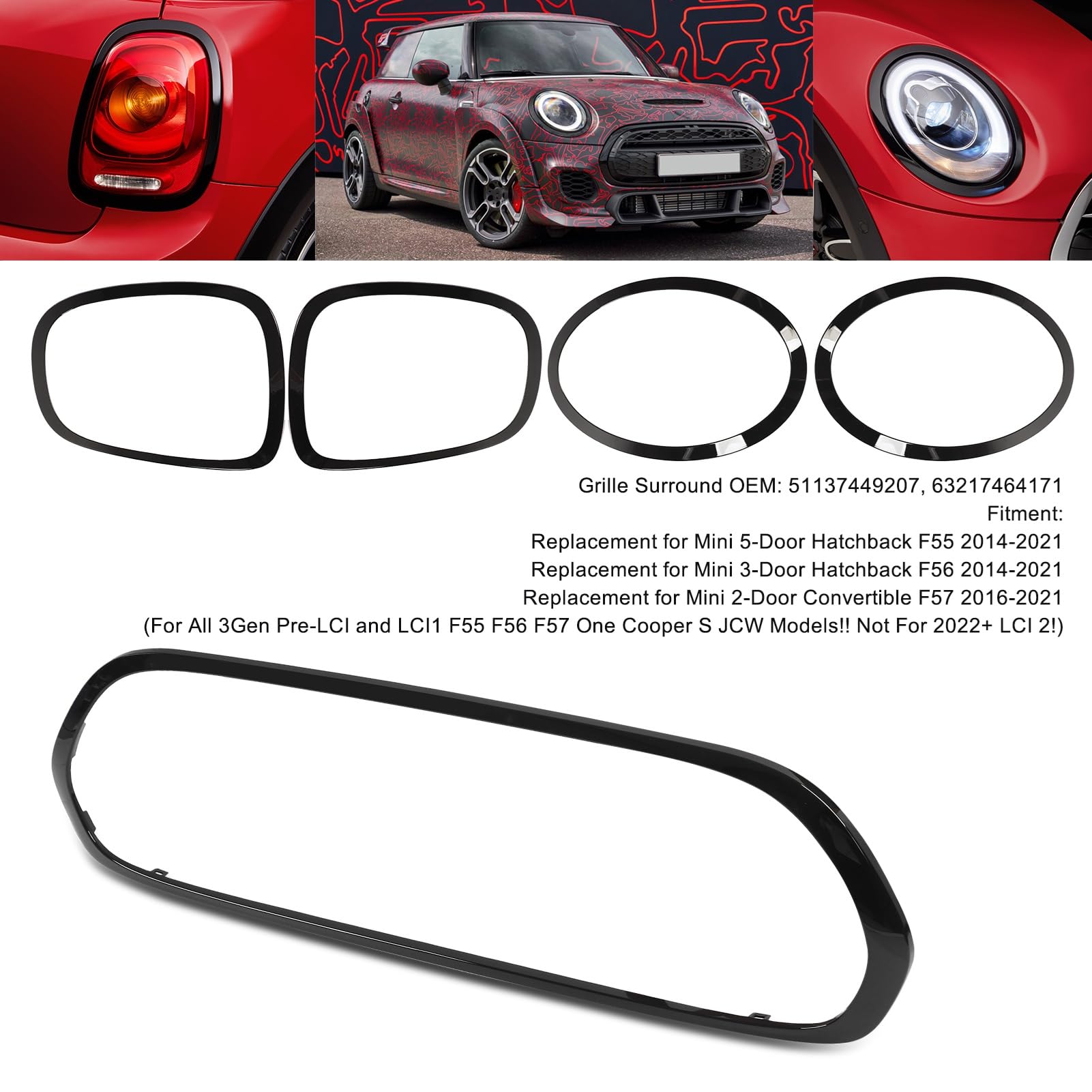 SIXRUN 5 Pezzi Nero Lucido Faro Fanale Posteriore Griglia Cornice Copertura Trim Compatibile con Mini F55 F56 F57 One S JCW 2014+, OEM 51137449207, 63217464171