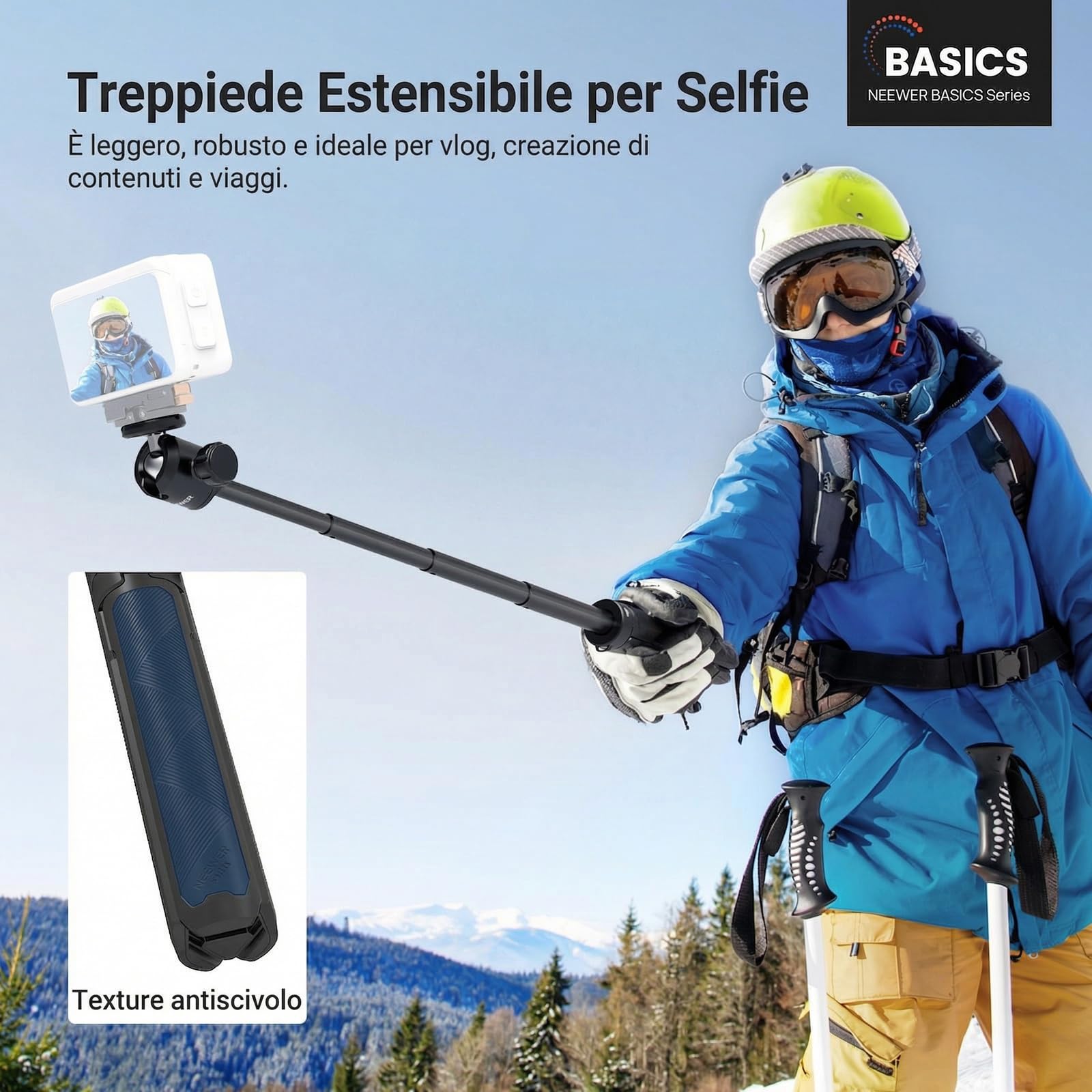 NEEWER BASICS Treppiede Selfie Stick Estensibile, Impugnatura Supporto Portatile in Metallo Compatibile con Canon G7X Mark III Sony ZV-1 RX100 VII A6400 A6600 Nikon Camera Webcam per Vlogging, DT001