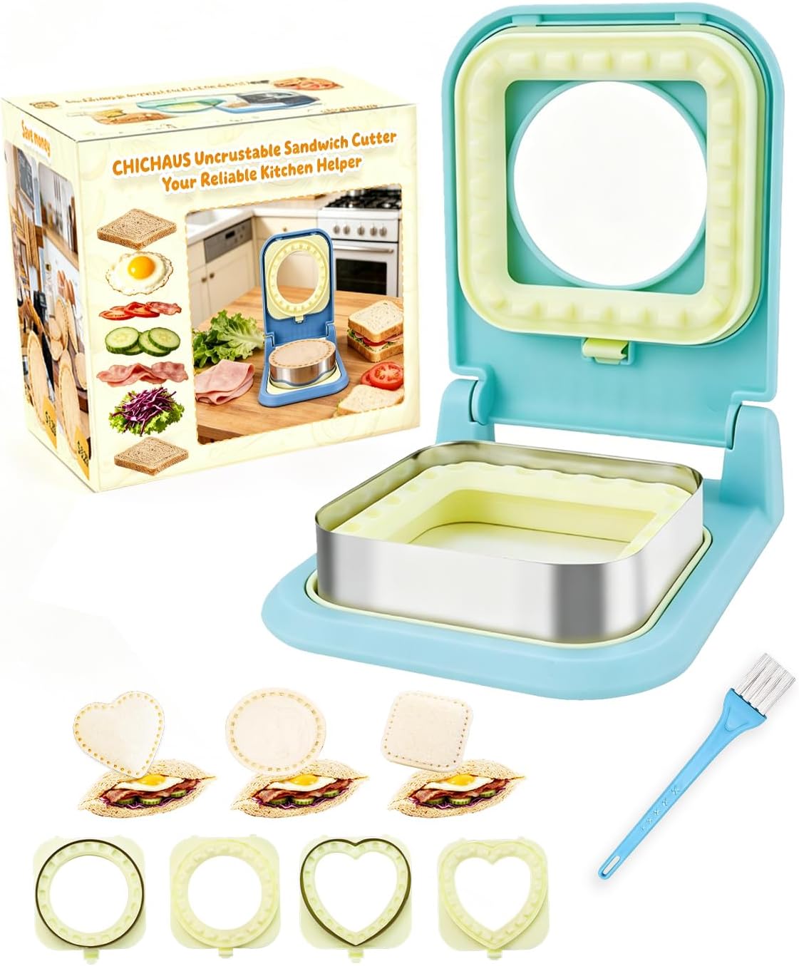 3-in-1 Uncrustable Sandwich Maker - Heart/Round/Square Crustless Sandwich Cutter & Sealer for Kids' Lunch, Breakfast & Lunchboxes | BPA-Free Uncrustable Press,Easy Clean (3-Shape Light Blue)