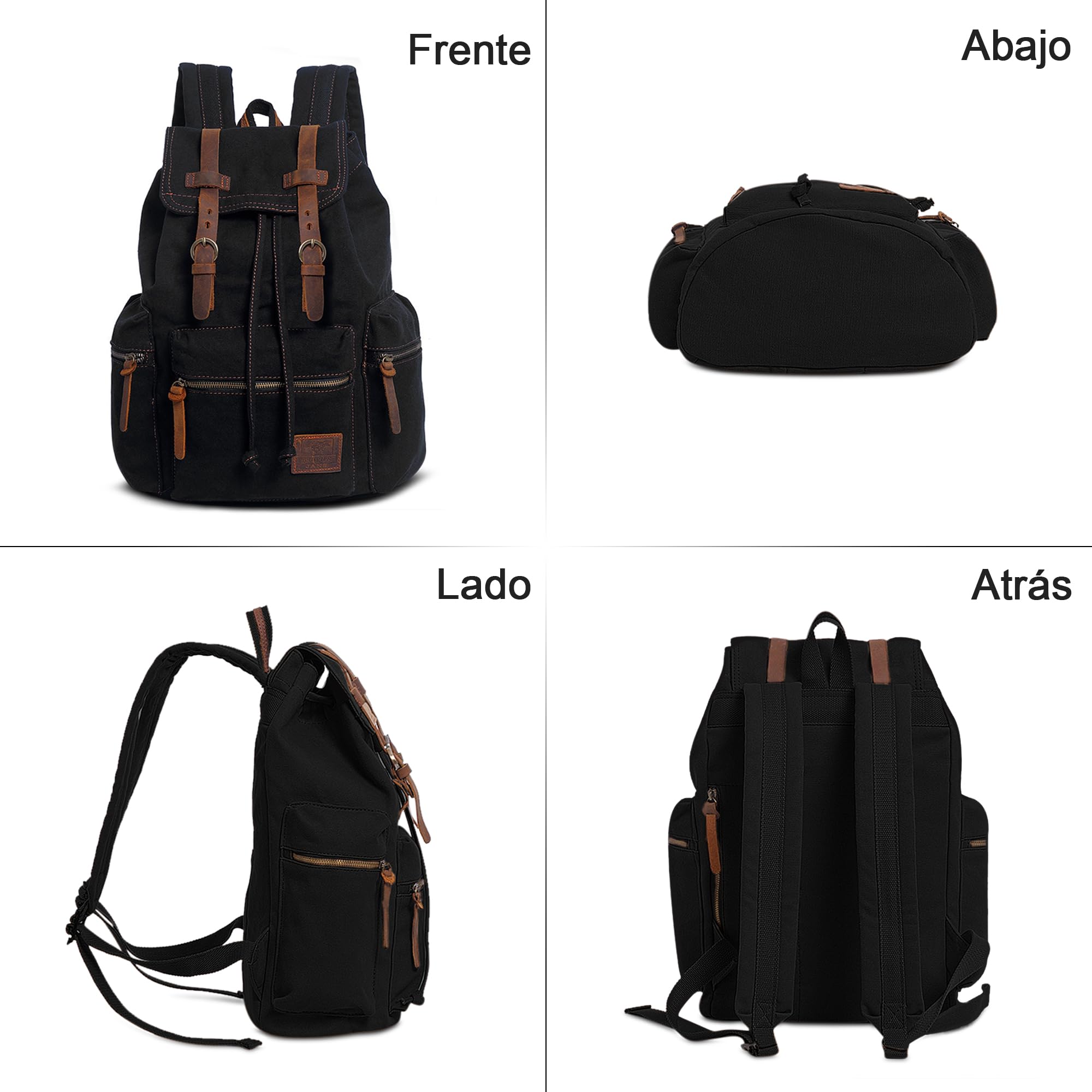 Retro Mochila Hombre Lona Mochila Portatil 15,6 Pulgadas Vintage Canvas Mochilas de Viaje Casual Daypack para Trabajo Camping Senderismo Universidad Bolsas Escuela Negro