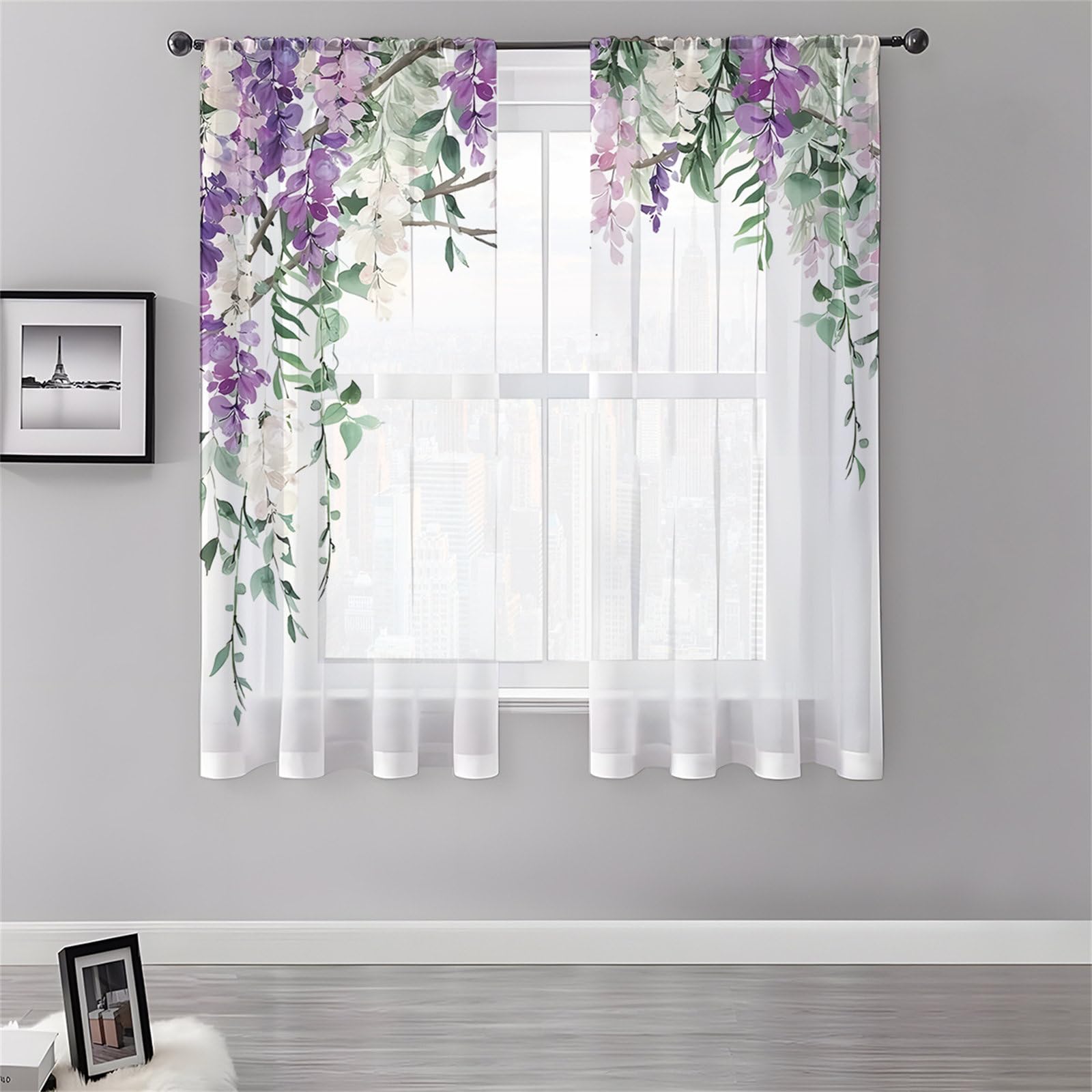 Surwin Net Curtains for Windows, Voile Curtain, 2 Panels Floral Plant Prints with Eyelets, Semi Transparent Lightweight Voile Panel for Living Room Bedroom Balcony Decorative (Violets,130x241cm)