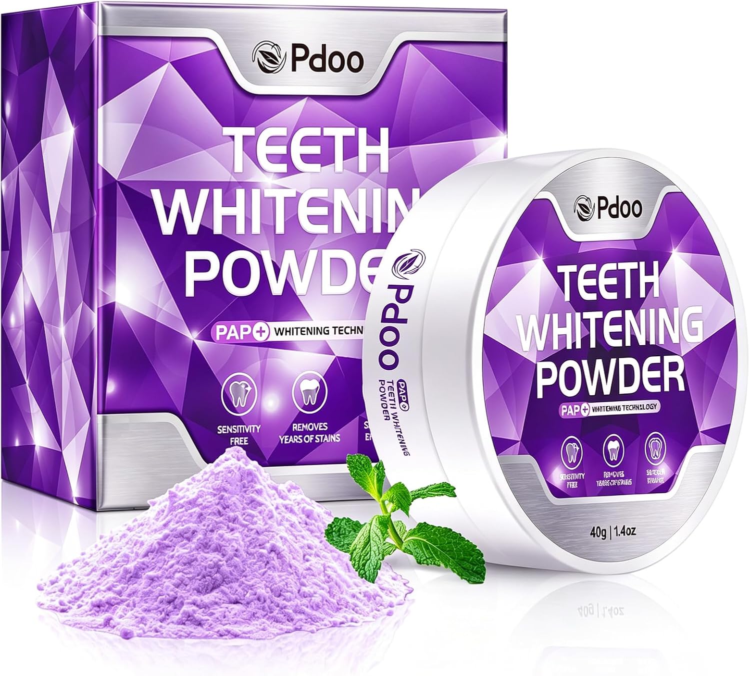 Professional Teeth Whitening Powder with Pap+ | Peroxide-Free & Enamel Safe & Sensitivity-Free | Fast Stain Removal for Coffee, Tea, Wine & Smoking | Purple Mint Flavor | 40g