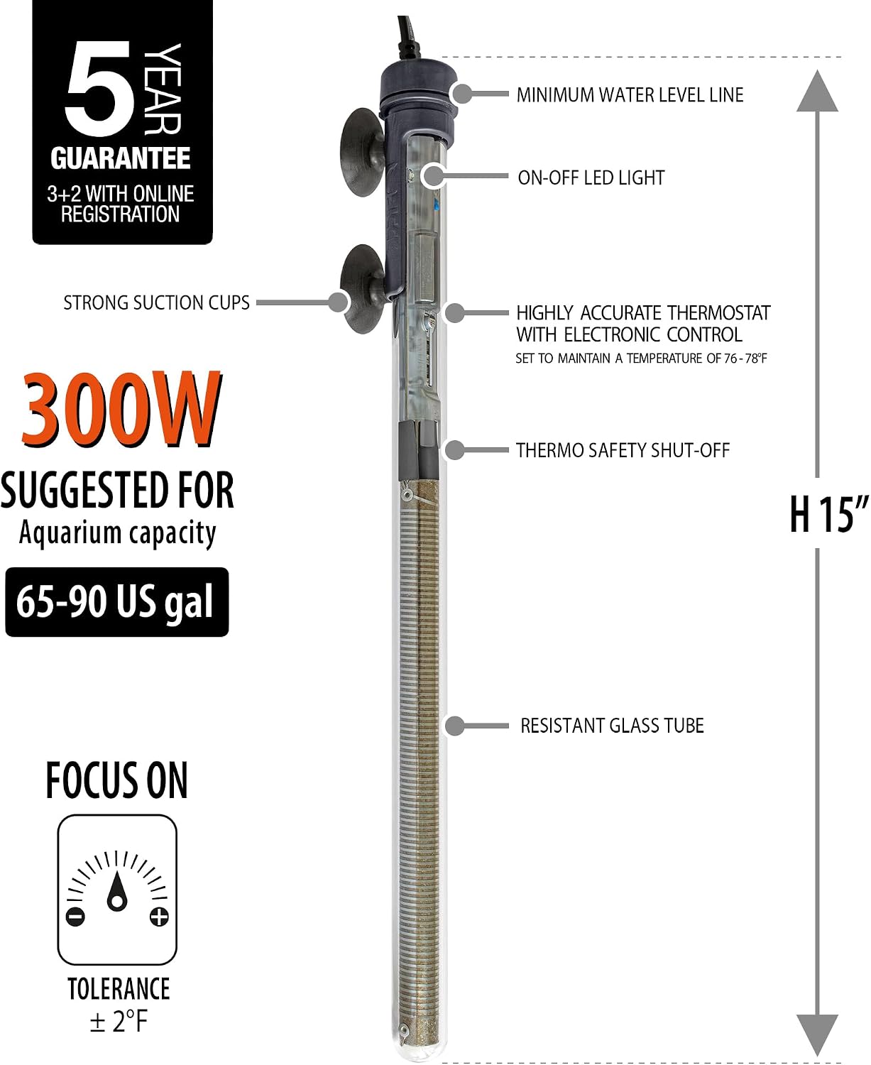 Sicce Scuba 300 Watt Aquarium Fish Tank Heater Preset at 77℉ for Up to 90 Gallons | 300W Submersible for Marine Saltwater and Freshwater | Run Dry Protection