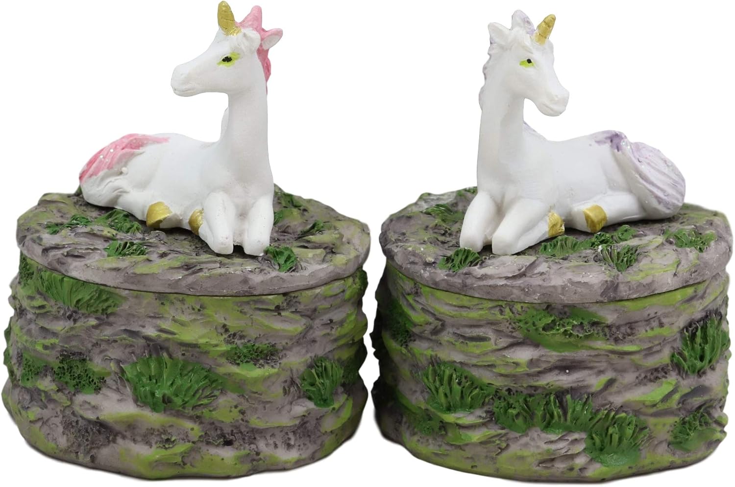 Ebros Gift Mystical Pastel Blue And Pink Pair Of Unicorns Sitting On Stone Garden Round Jewelry Box Statue 2 Pc Set Small Decor Figurine 3.5"H Enchanted Unicorn Magical Collectible Decorative Trinket