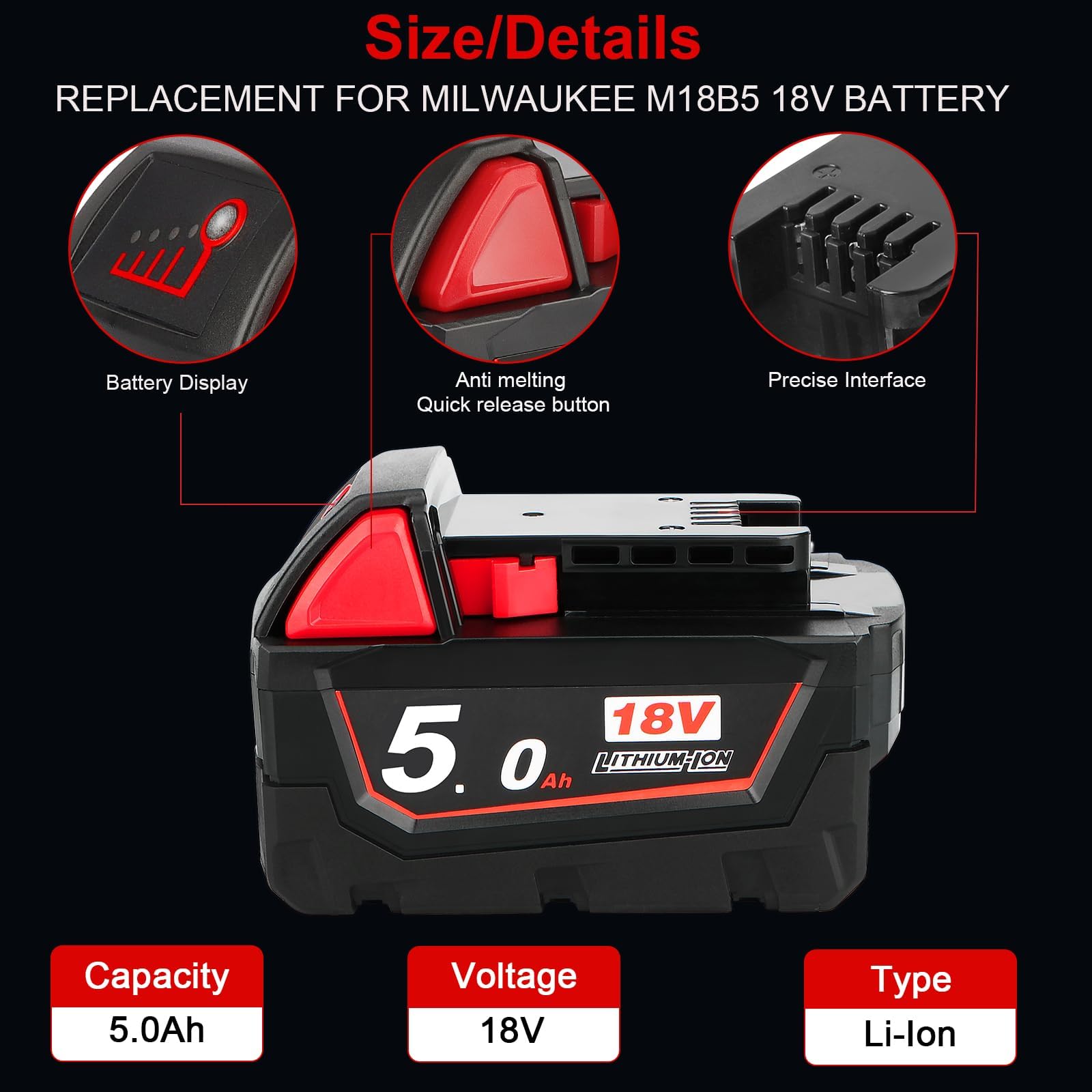 Powarobor 2X M18B5 18V 5,0Ah Batterie & Chargeur Kit pour Milwaukee M18 | 48-11-1850/48-11-1820/1828/1840/1860,Compatible avec les outils sans fil Milwaukee M18 18V