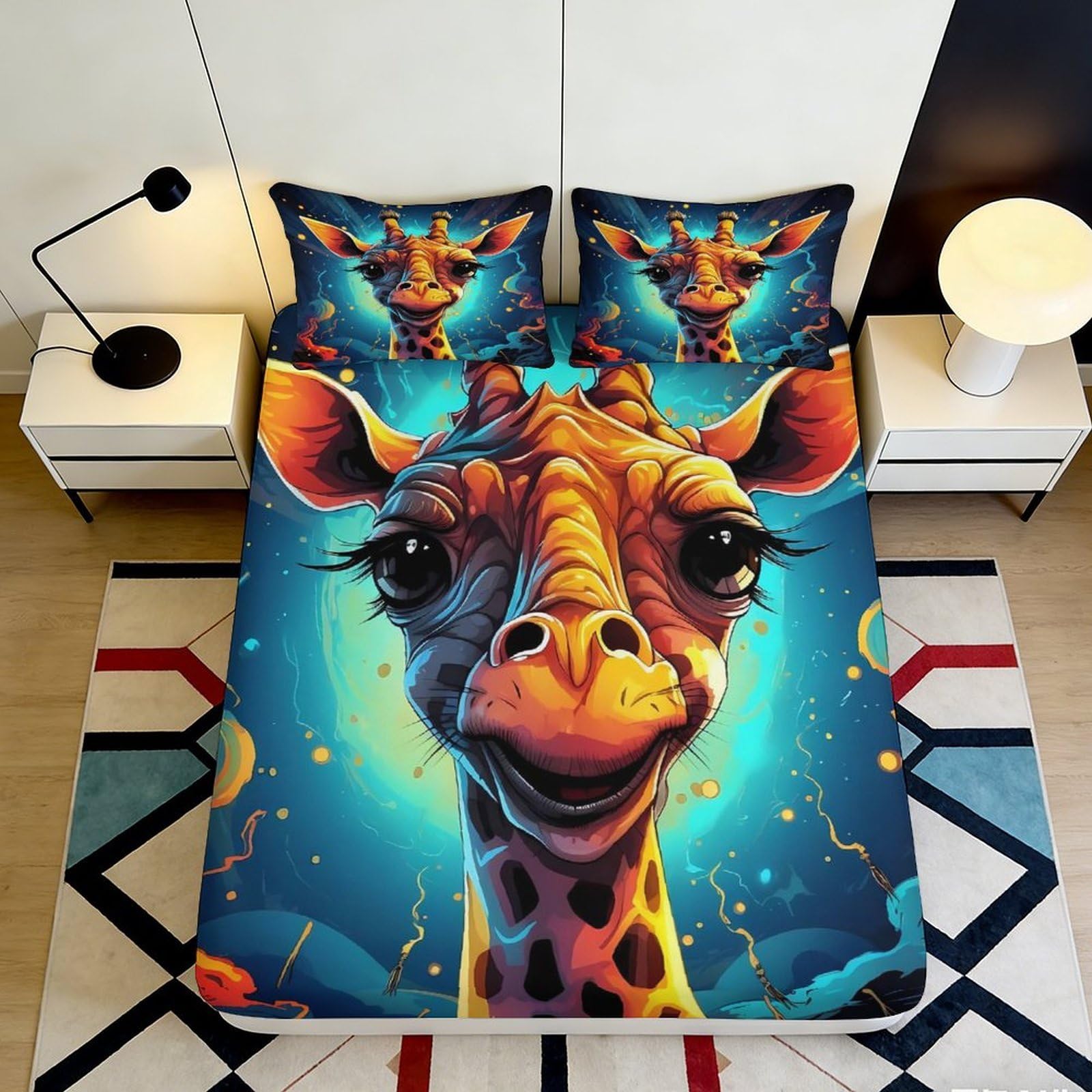 3D Printed Vibrant Giraffe Fitted Sheet Microfiber Soft Breathable Abstract Animal Bed Cover for Bedroom Guest Room Decor 200x200x25cm