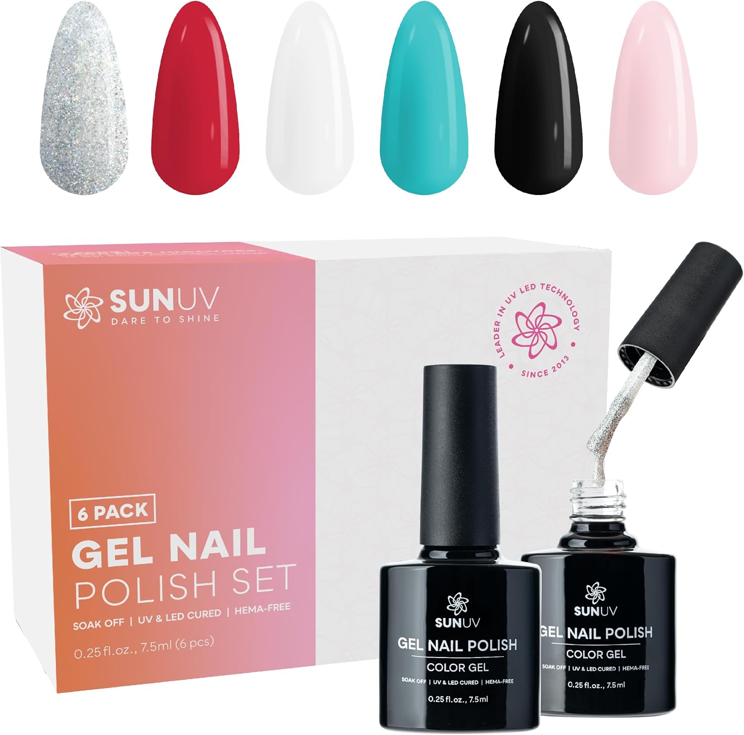 SUNUV SUN2C Blue 48W UV LED Light Nails Lamp,6 Colors Gel Polish Set with Black Gloves and Top Base