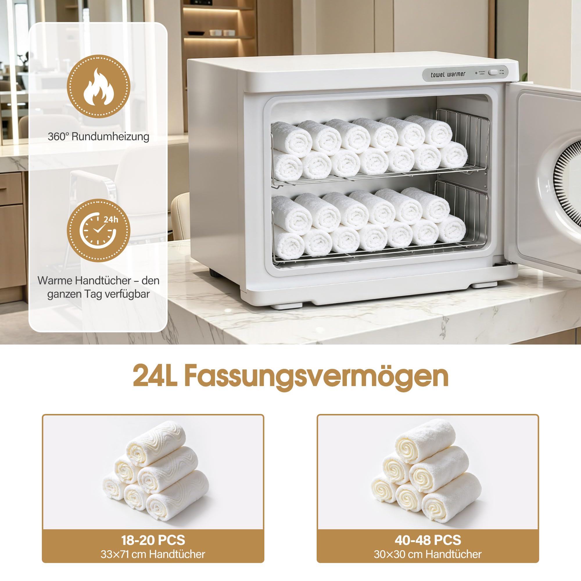 BarberPub Scaldasalviette da 24 litri, armadio riscaldante per 40-48 salviette, radiatore elettrico per salviette, scaldasalviette a 360°, funzione di riscaldamento per salon, HW224W (Bianco)