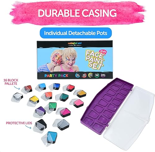 Miniatura 3 de Colorful Art Co. Kit de pintura facial para niños, paquete de 16 pinturas a base de agua con 3 pinceles de pintura y 30 plantillas, paleta para