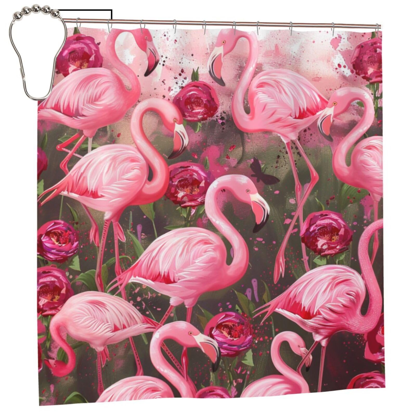 BWWHCCTI Flamingos Printed Shower Curtain With 12 Iron Hooks Opaque Quick Drying Waterproof Shower Curtains Sets For Bathroom 183x183 CM