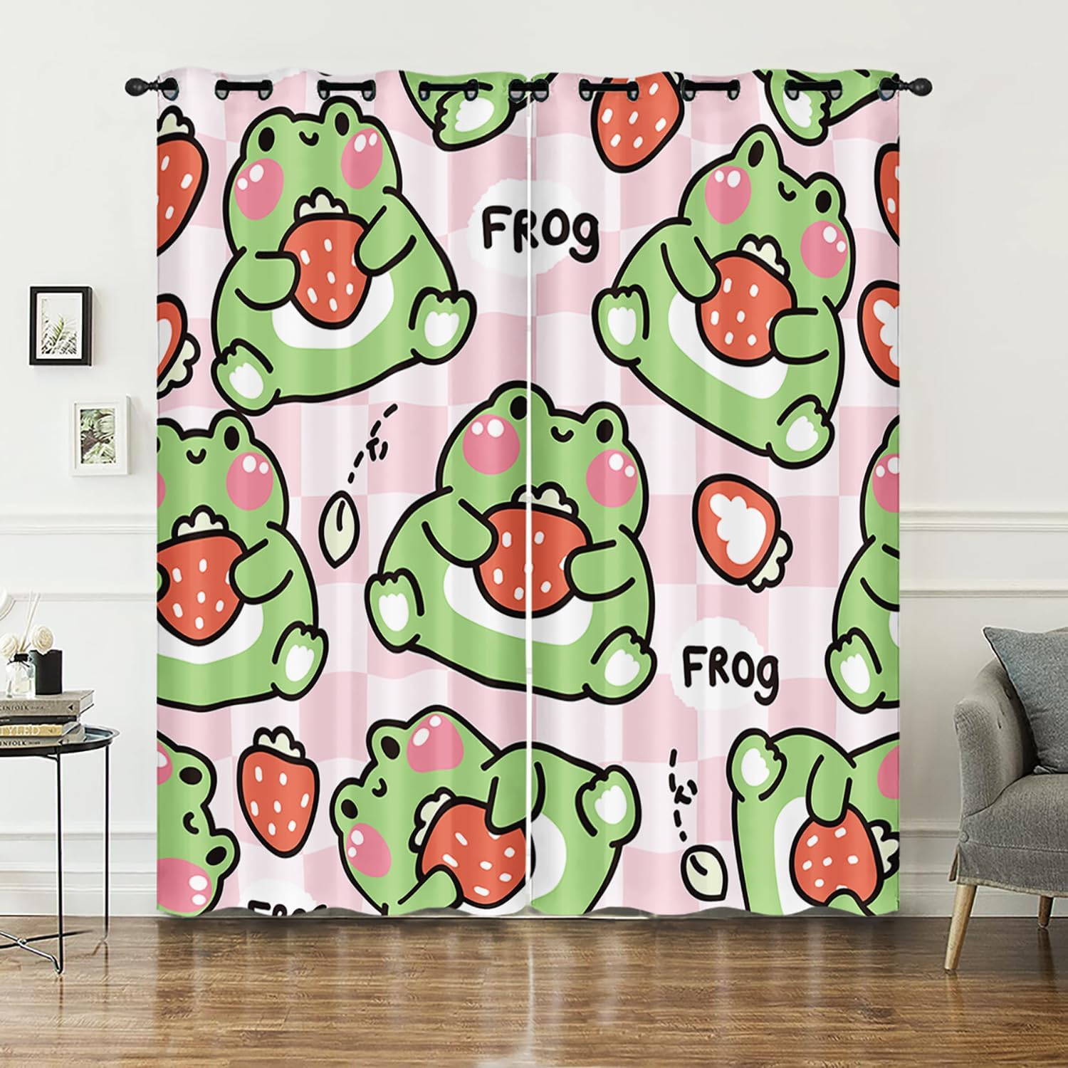 AILONEN Girls Kawaii Frog Window Curtain,Cute Strawberry Frog Window Drapes Decor,Cartoon Pink Checkerboard Grommet Curtain for Kids,2 Panels Set, 38" W x 54" H
