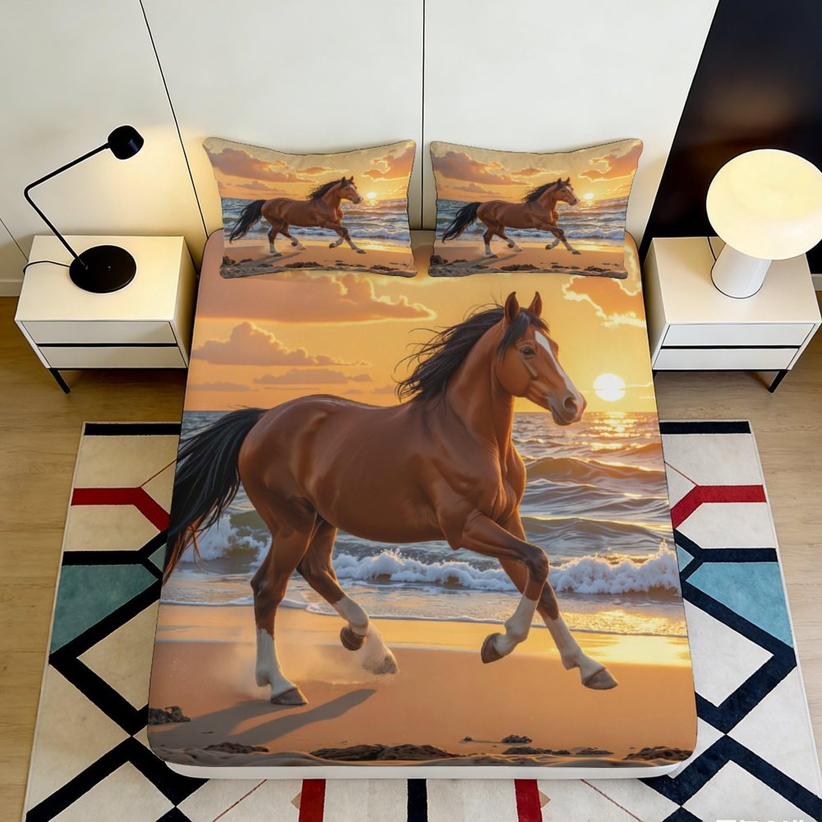 3D Printed Sunset Beach Horse Fitted Sheet Microfiber Soft Breathable Wild Stallion Mattress Cover Bedroom Decor 90x200x25cm