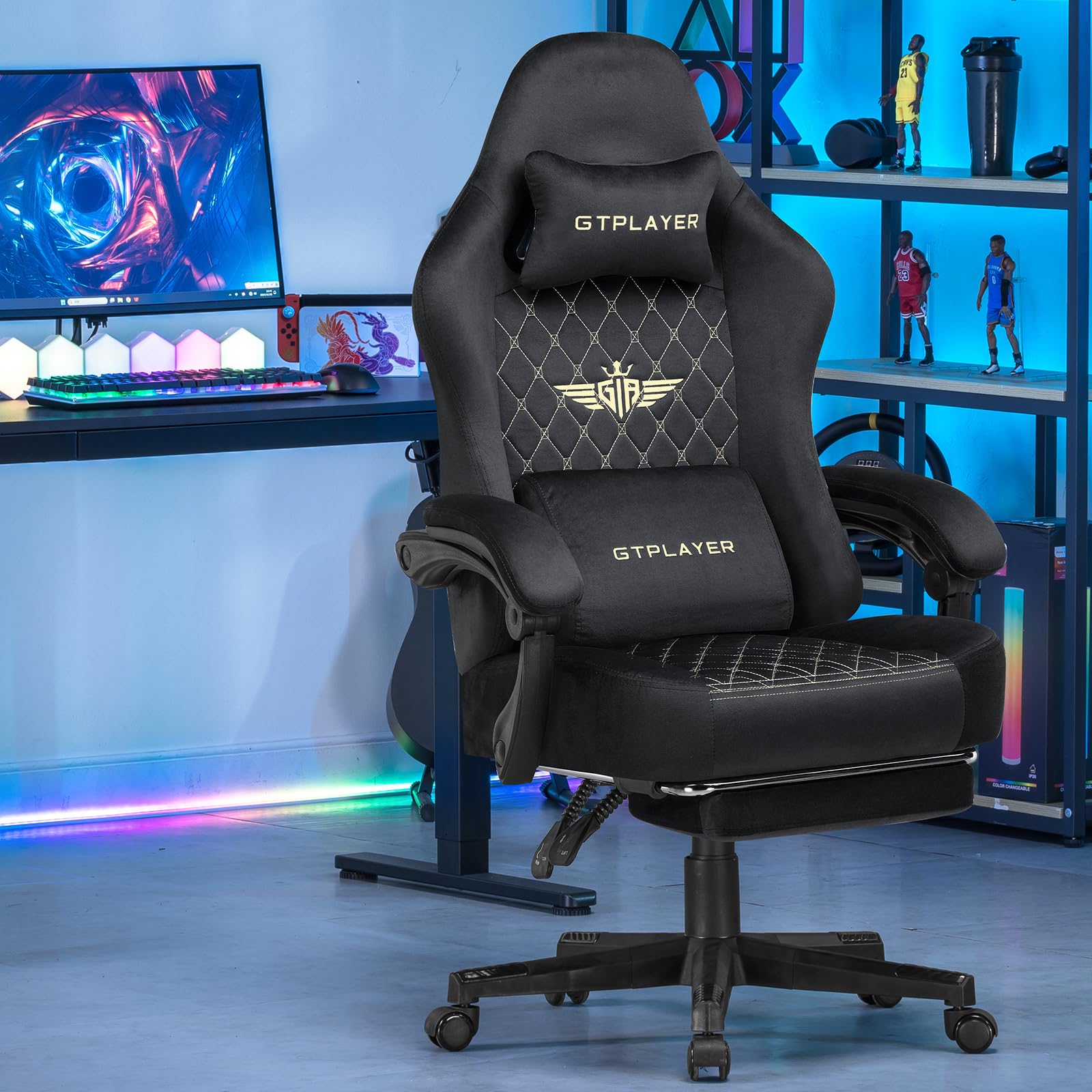 GTPLAYER Sedia Gaming Poltrona Gaming Tessuto Sedia Gamer Ergonomica Ufficio Sedia PC 150 kg Sedia da tavolo regolabile e girevole con Cuscino Seduta a Molle e Poggiapiedi, Nero