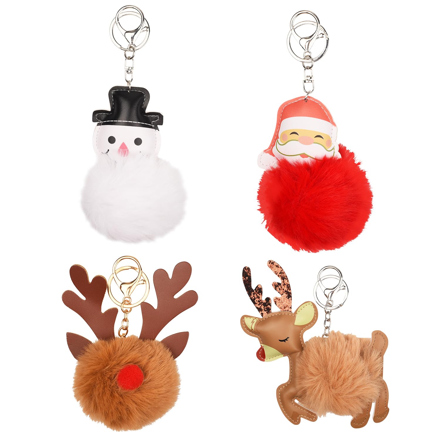 MFUOE 4 llaveros de Navidad con pompón de alce, muñeco de nieve, Papá Noel, llavero colgante de llave, accesorios para Navidad, boda, regalo de cumpleaños