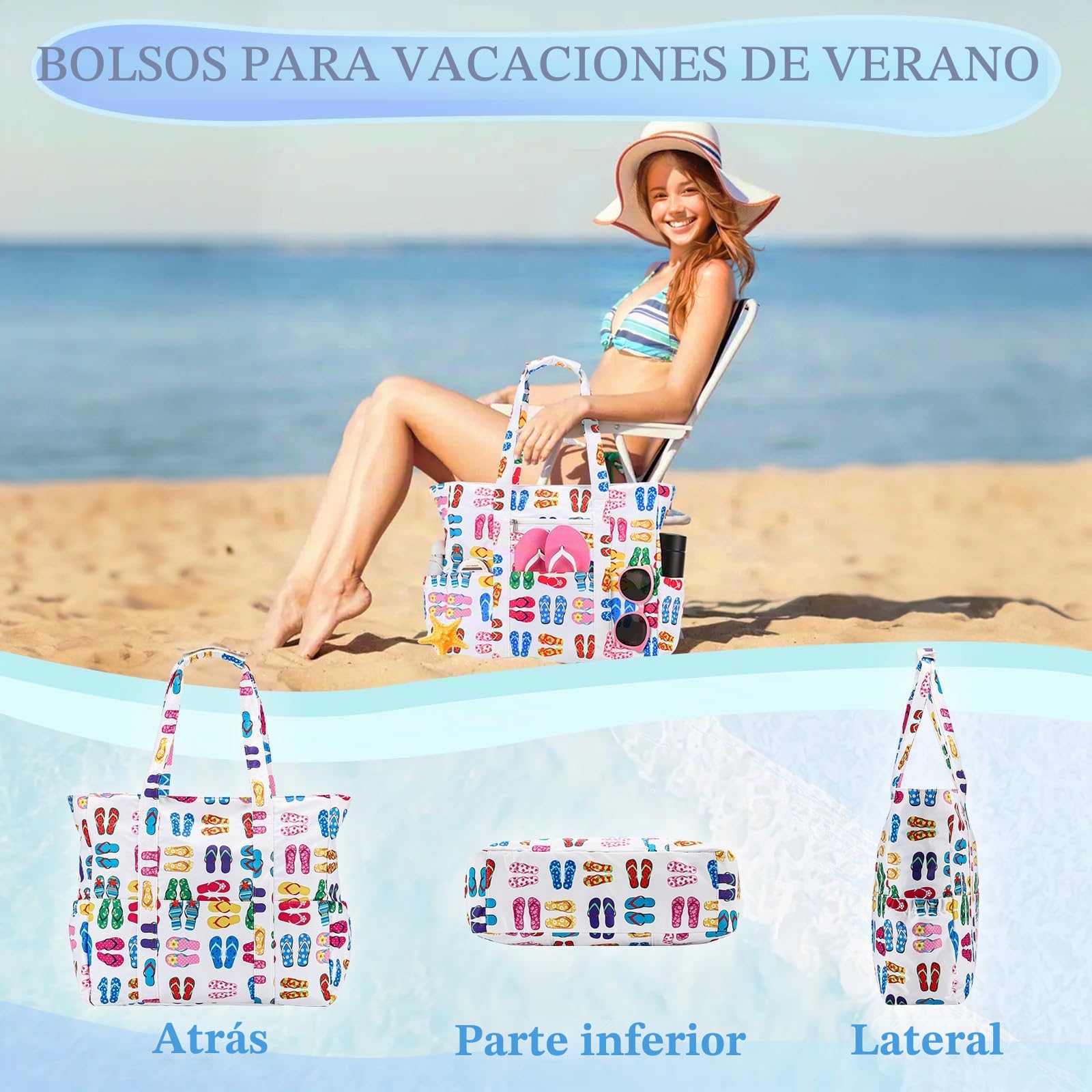 RAVUO Bolso Playa Grande XXL Familiar, Impermeable Bolso Playa Mujer con Cremallera Ligero Bolso Shopper Bolso Tote Bag para Natación, Deporte y Viajes