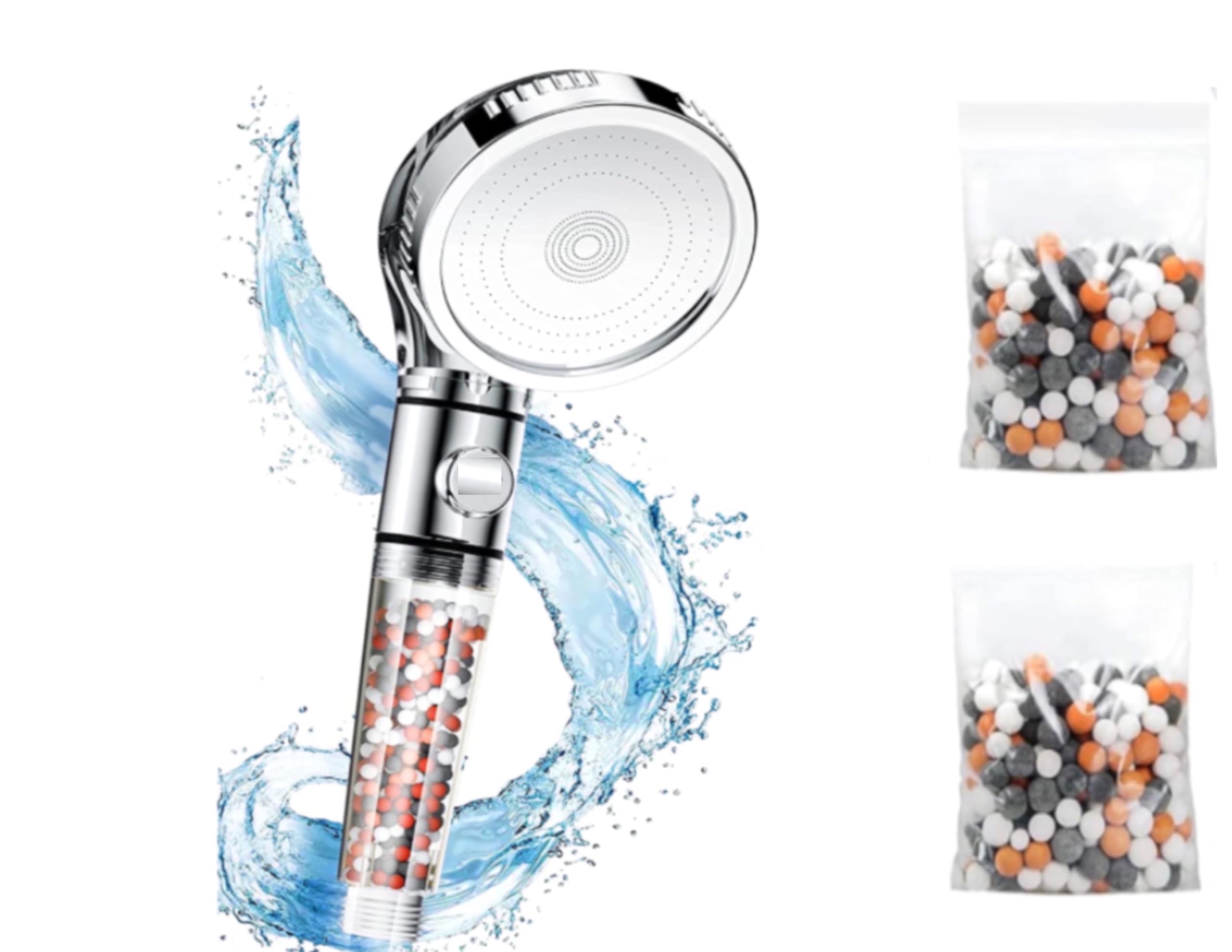 Shower Heads with stone 4 in 1,with 2 spare stones bags -High Pressure-Water-Saving Shower Heads-Reduce Hair Loss & Dry Skin Ideal for Hard Water Filtering Impurities-فلتر دوش يقلل الكلوروالشوائب