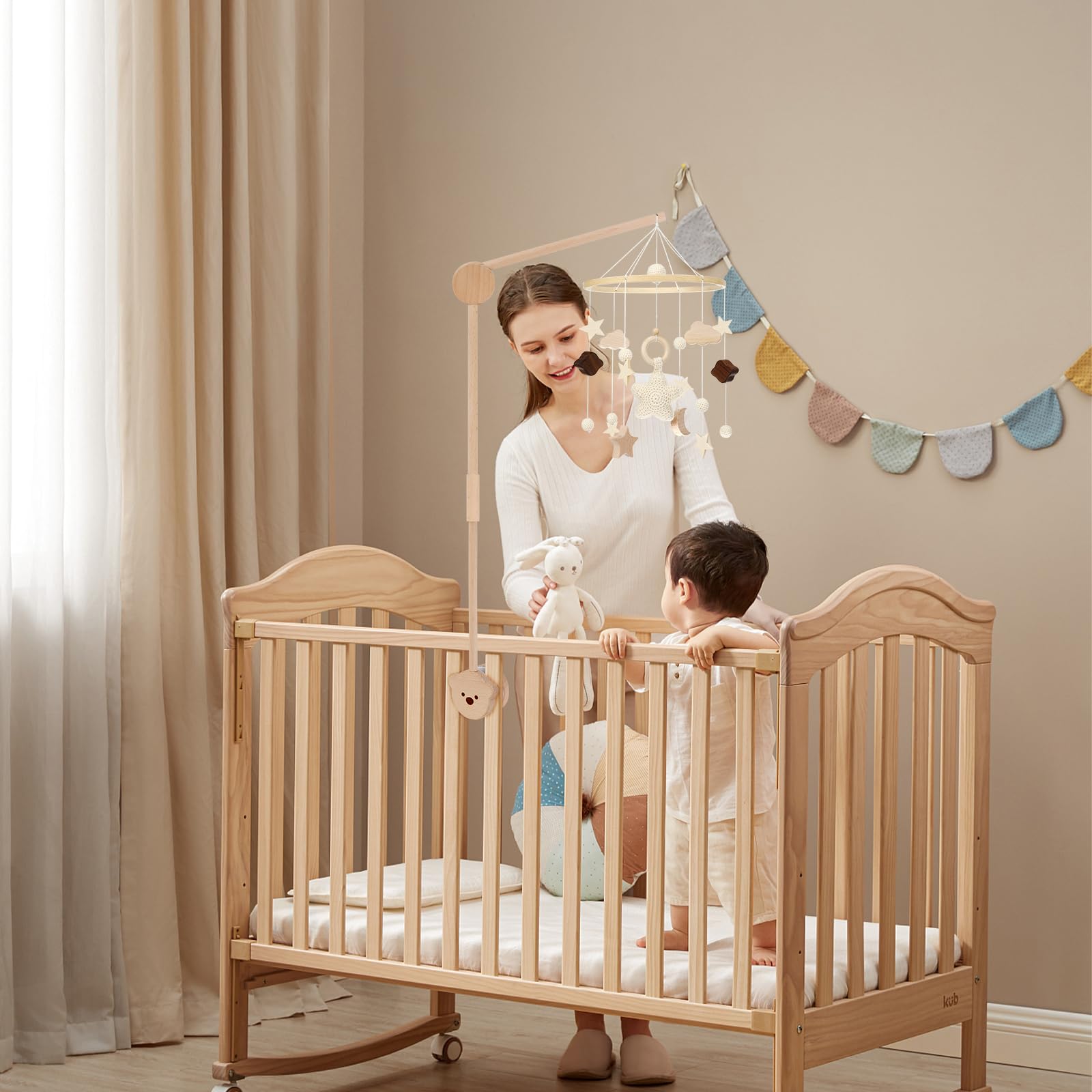 Bearrerp Petit Ours Support mobile pour lit bébé,en bois Cloches de Lit Bébé ,support mobile bébé réglable en hauteur en bois, adapté aux lits d'enfants et aux tables à langer