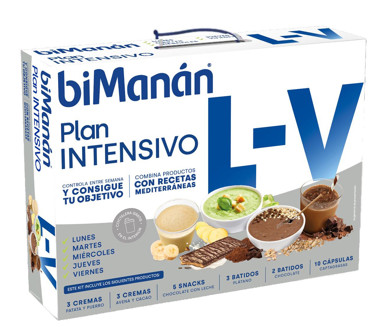 BiManán - Plan Intensivo de Lunes a Viernes, Sustitutivos para el Control del Peso, Incluye Batidos, Cremas, Barritas, Cápsulas Captagrasas y una Coctelera, con Vitaminas y Minerales