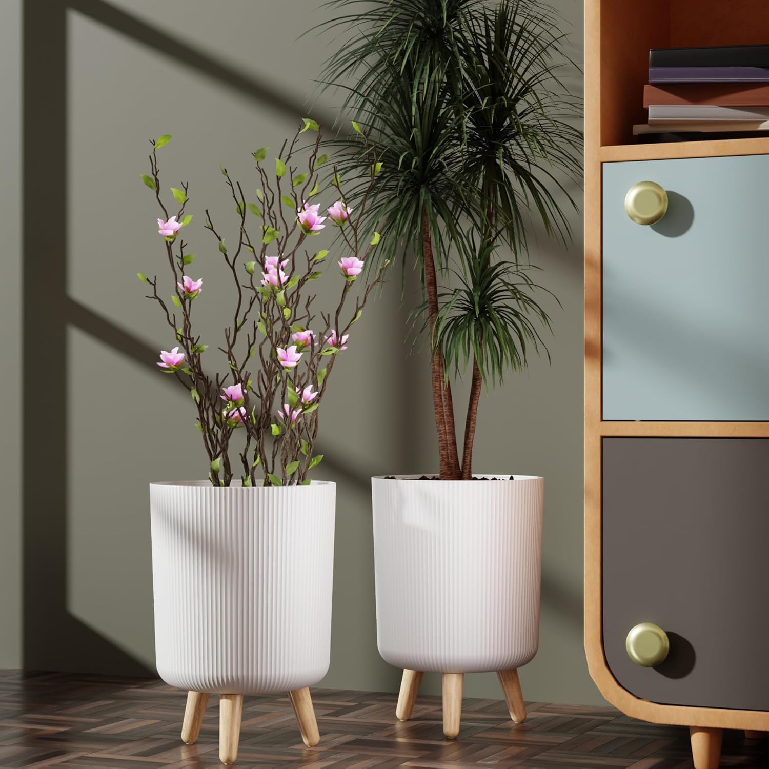 Modern White Flower Pots with Wooden Legs - 2 Pack -5