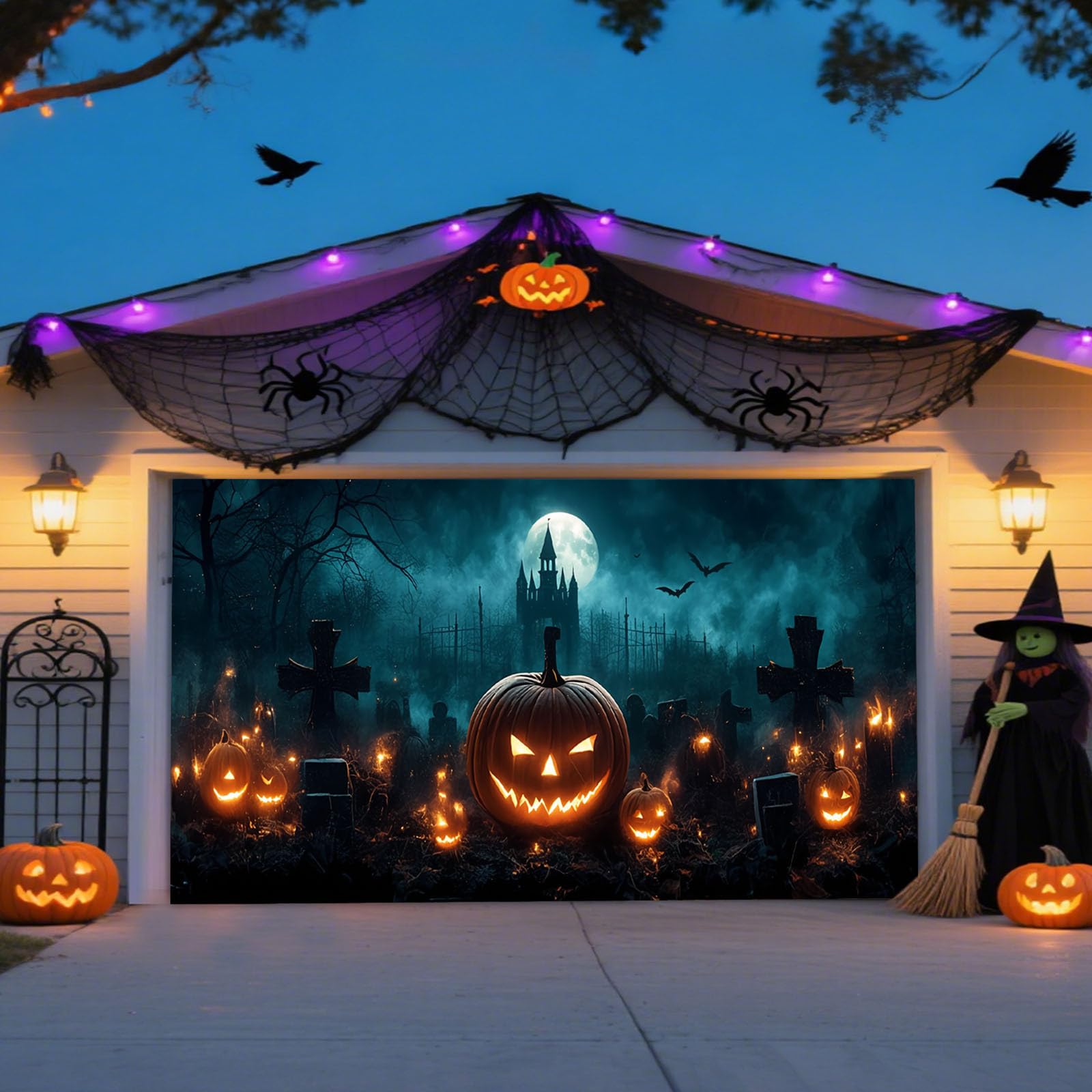 Letrero de Halloween para garaje, grande para exteriores, para fiestas, diseño de calabaza espeluznante, resistente, doble