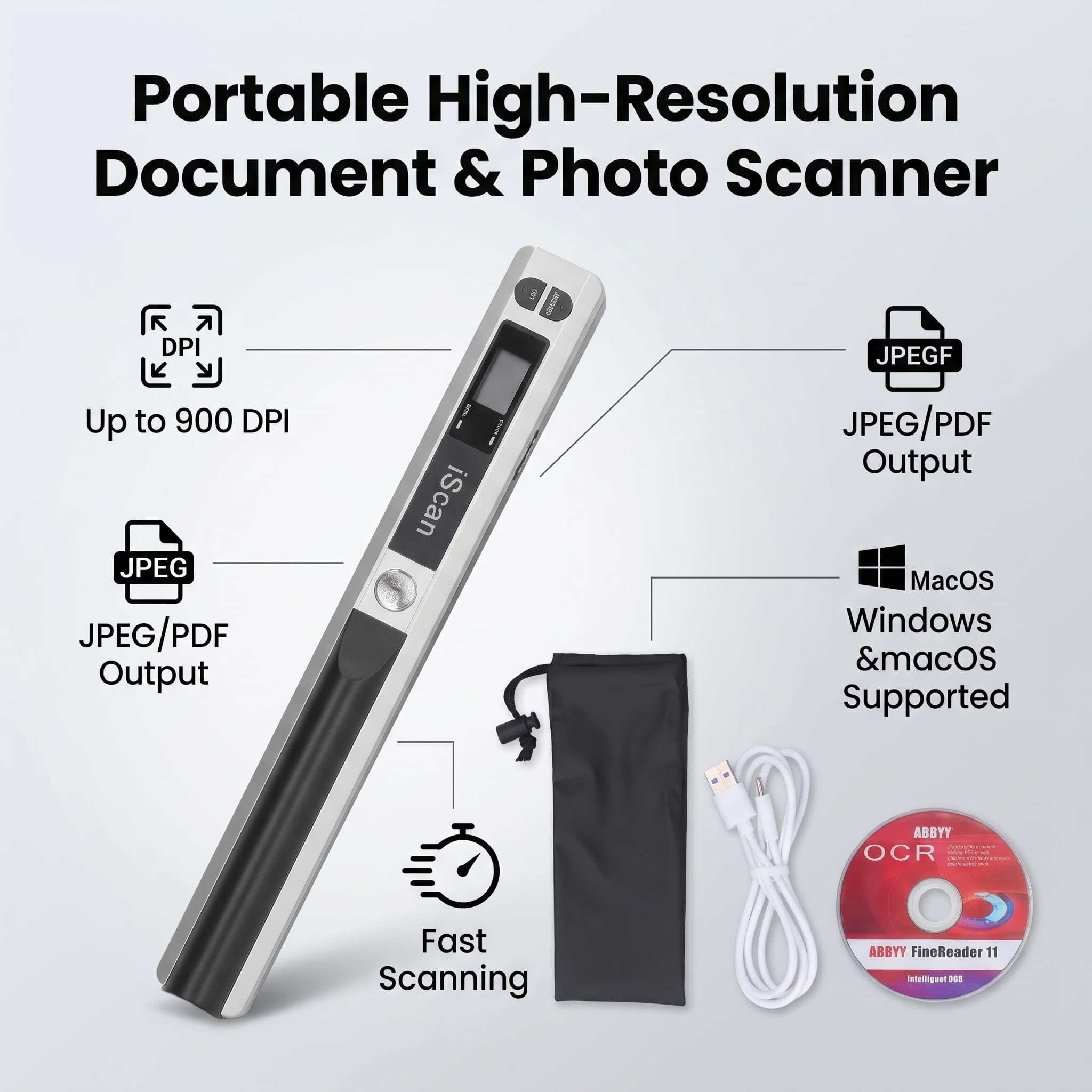 Scanner Portable Professionnel Idéal pour la Numérisation de Documents Photos A4 Reçus Livres avec 3 Modes de Résolution Format JPG PDF Argent