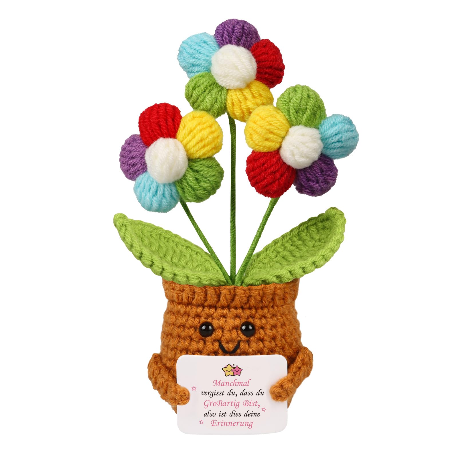 WenmthG Pocket Hug Glücksbringer Gestrickte MehrfarbigeBlumen Anti Stress Kleines Dankeschön Geschenk für Schwester Freundin Frauen Kollegen, Beste Freundin Geschenke Positive Kartoffel Deutsch Ersatz