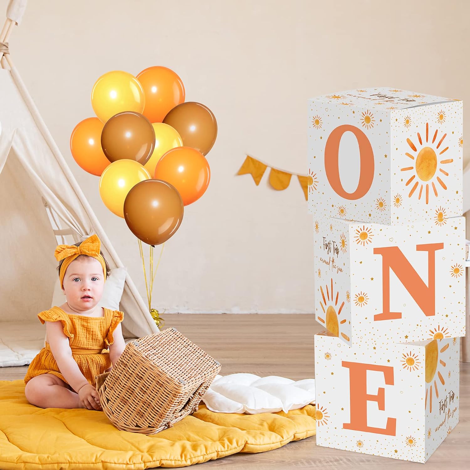 Hydren 33 Pcs First Trip Around the Sun Birthday Decorations for Boy Girl, One Balloon Boxes and Latex Balloons for 1st Birthday, Cake Smash Backdrop Baby Shower Photo Prop Supply