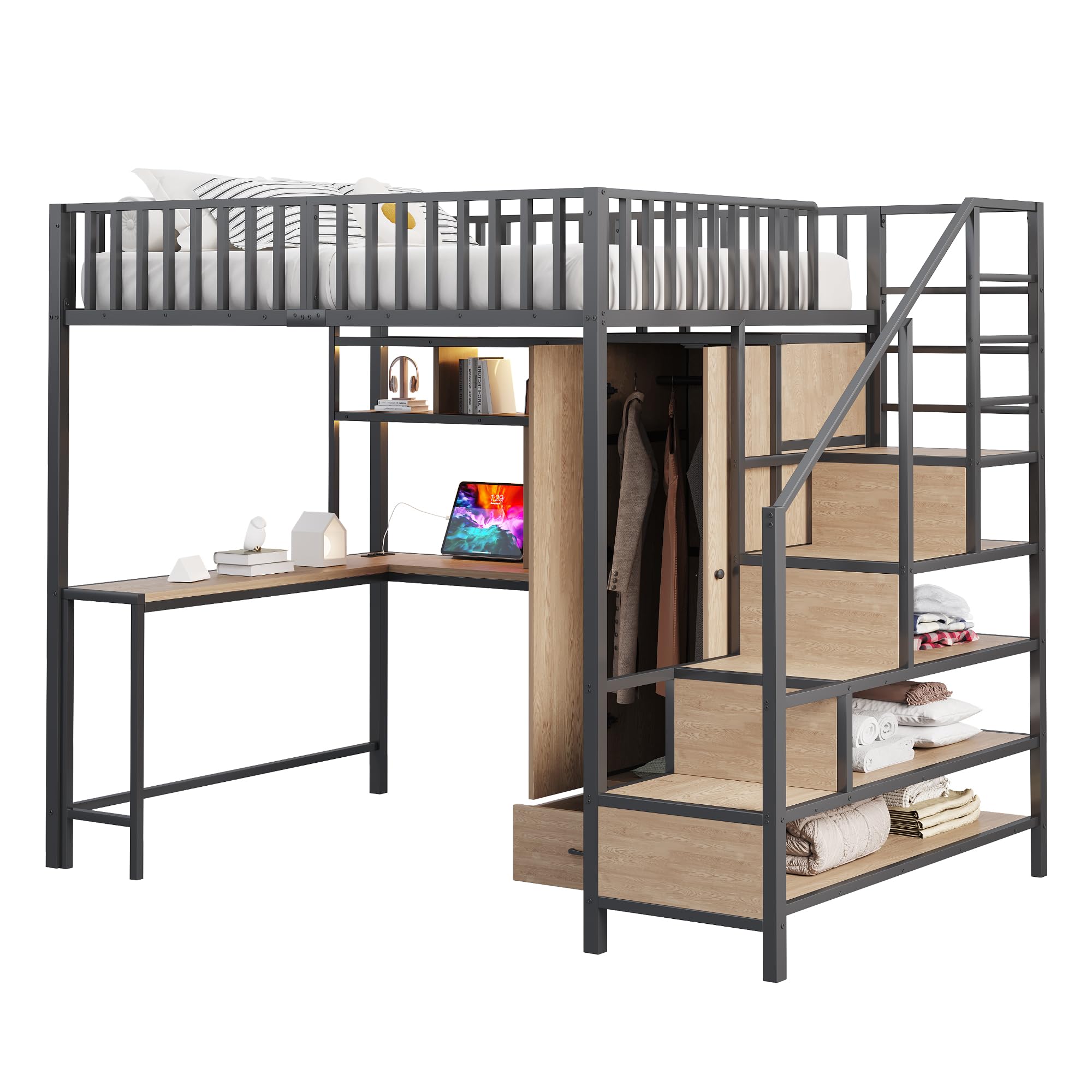 Letto a soppalco da 140 x 200 cm, con scrivania, scaffale, armadio e cassetti, con scala portaoggetti e ringhiera di sicurezza, nero, senza materasso (nero)