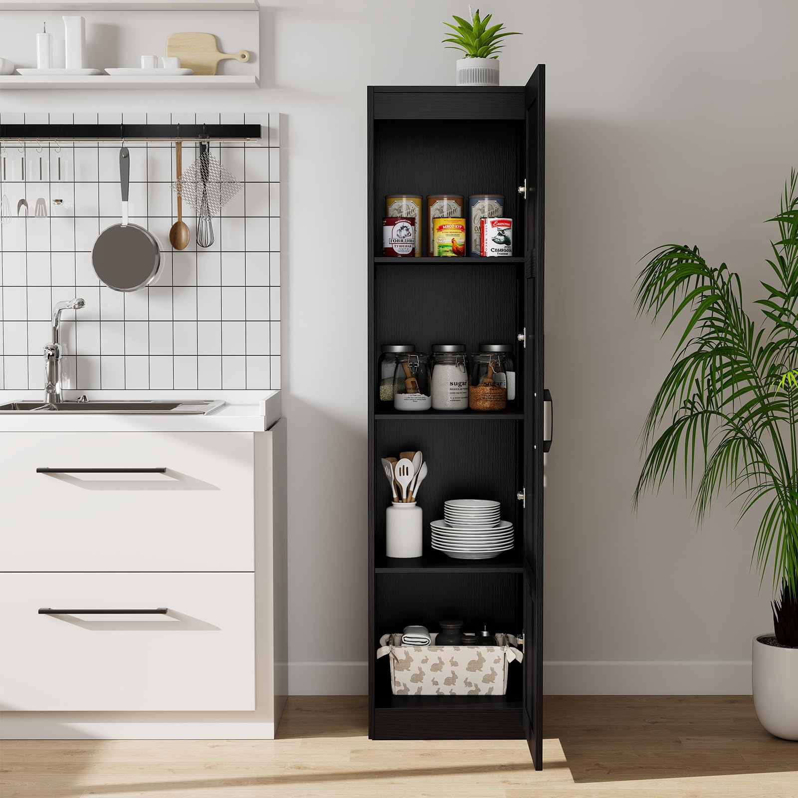 KOMFOTTEU Credenza da Cucina con Manico in Metallo, Armadio a Buffet Antiribaltamento, Mobile da Bagno Stretto a 4 Ripiani, per Sala da Pranzo, Soggiorno, 37,5 x 40 x 150 cm (Nero)