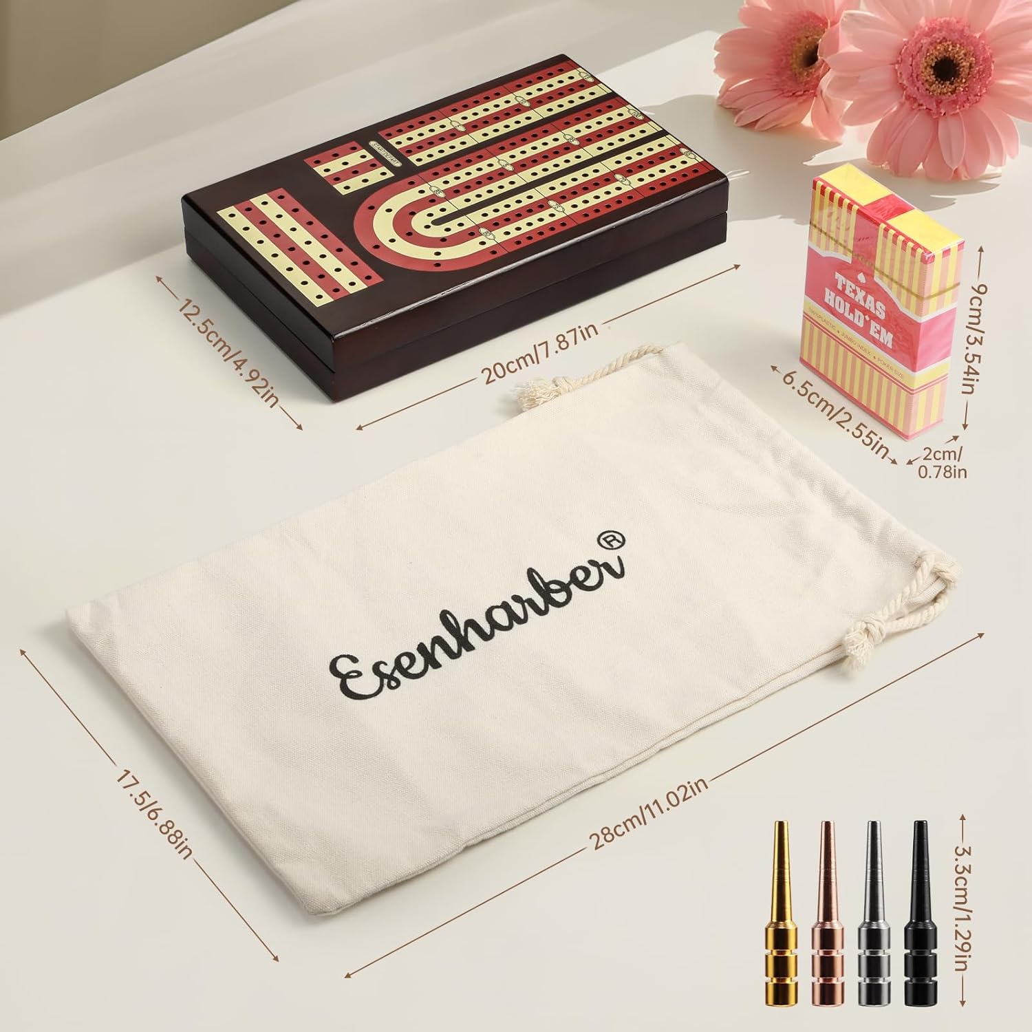 Cribbage Board, Foldable 4-Track Cribbage Board Game Set, Solid Wood Game Board with 12 Brass Pegs & Felt-Lined Storage, for 2-4 Players, with Convenient Pouch