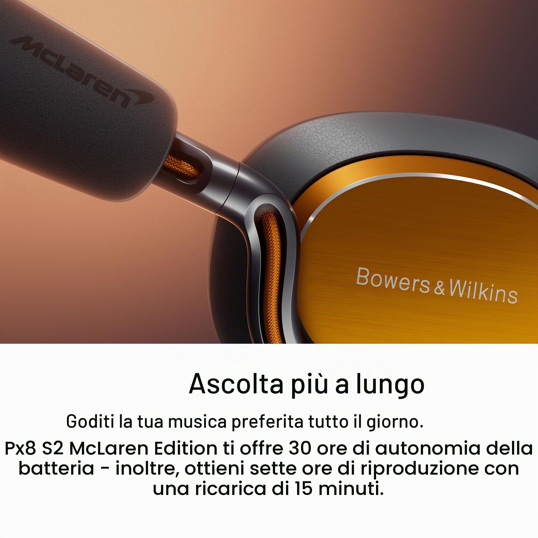Bowers & Wilkins Px8 S2 McLaren Edition, Cuffie Wireless con Cancellazione del Rumore, Bluetooth Audio e Ricarica Rapida, 30 Ore di Riproduzione ad Alta Risoluzione con Microfono Integrato