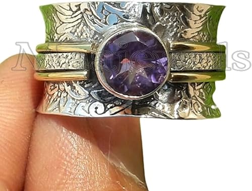 Miniatura 2 de Natural Amethyst Spinner Ring, 925 Sterling Silver Meditation & Fidget Ring for Women, Handmade Spin Band Yoga Jewelry