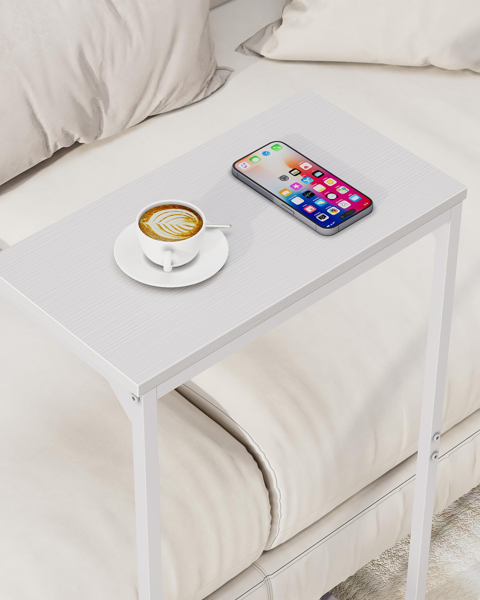 TUTOTAK Table d'appoint en forme de C, petite table haute 73 cm, table basse, salon, chambre à coucher, blanc TB01BW071EU