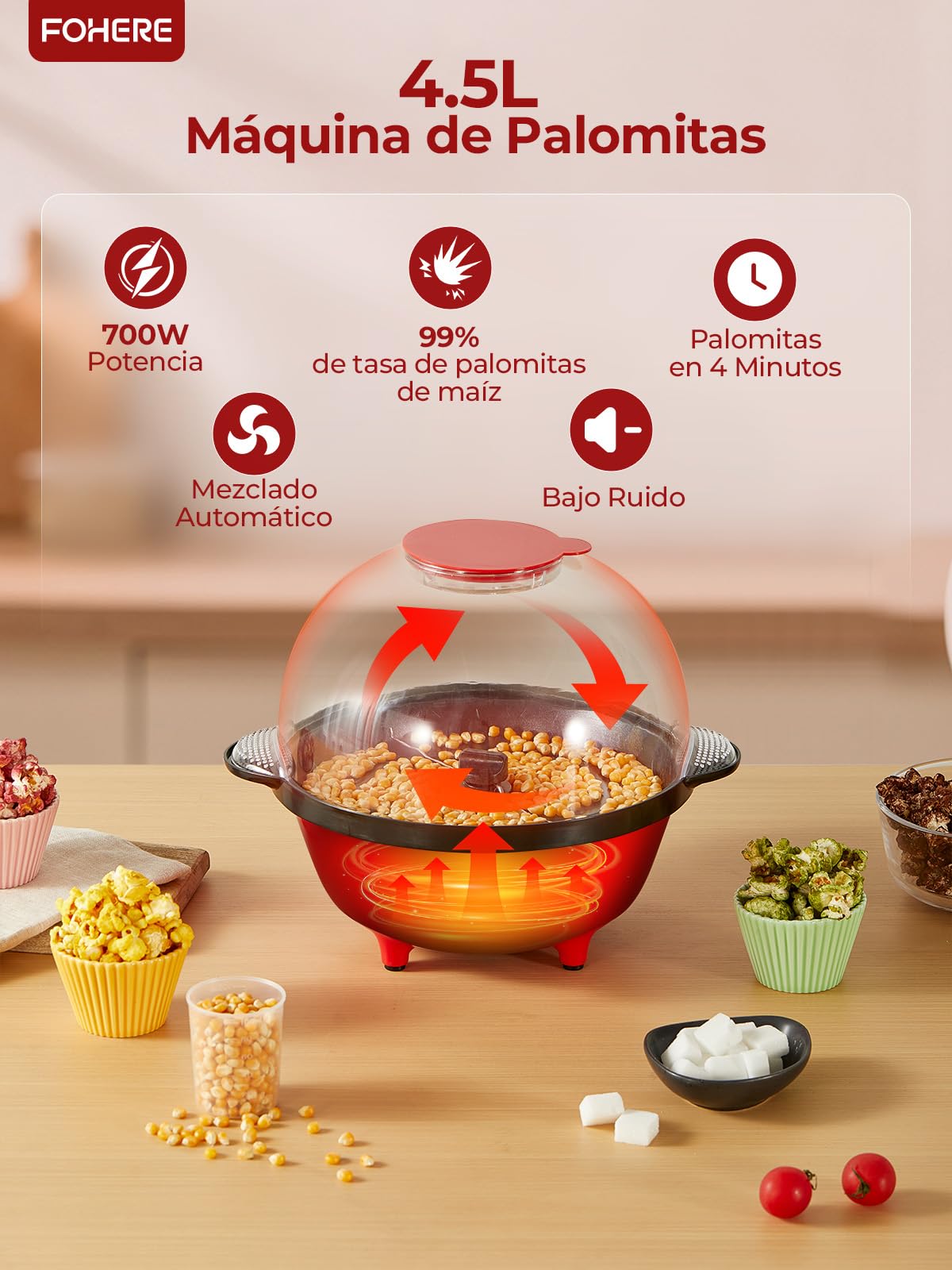 FOHERE 4,5L Palomitero, 700W Maquina Palomitas Incluye 2 Tazas Medidoras de Granos de Maíz, Azúcar y Aceite, Agitación Automática Electrico Palomitera para las Vacaciones y las Noches de Cine, Rojo