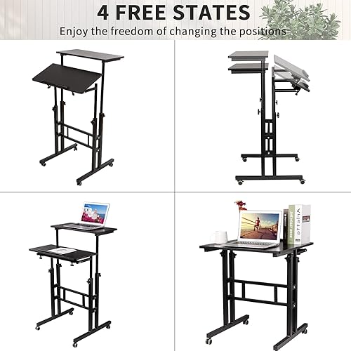 Miniatura 8 de SIDUCAL Escritorio móvil de pie, escritorio portátil de pie, convertidor de escritorio de pie pequeño ajustable con ruedas, estación de trabajo para