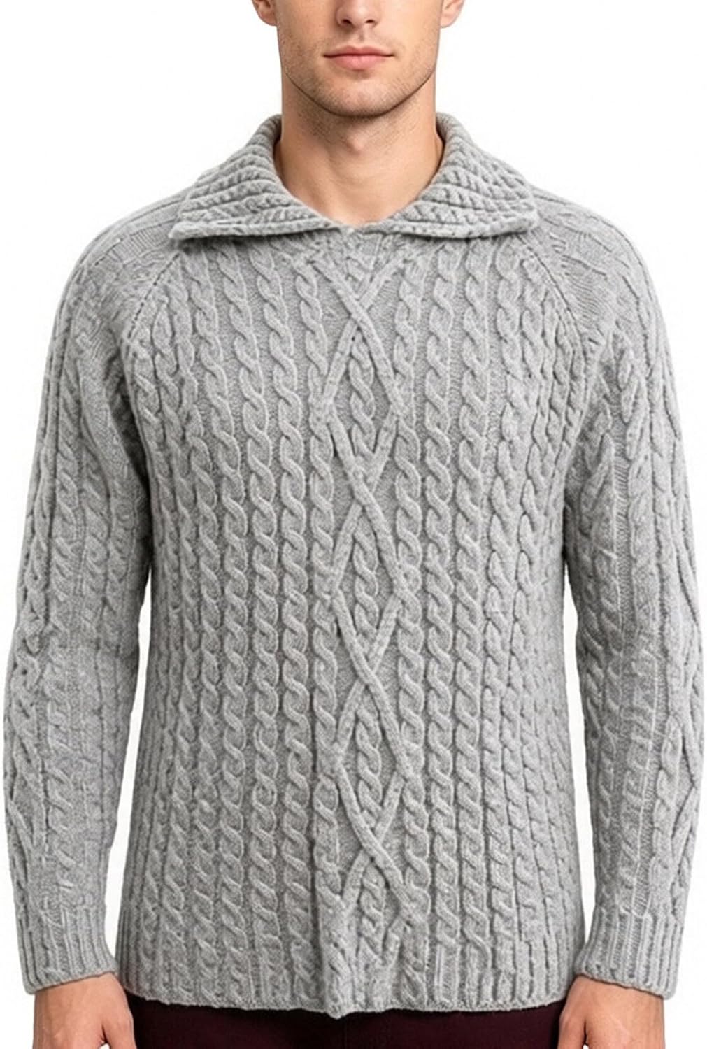 Men Polo Collar Cable Knit Pullover Sweater Long‑Sleeve Warm Jumper