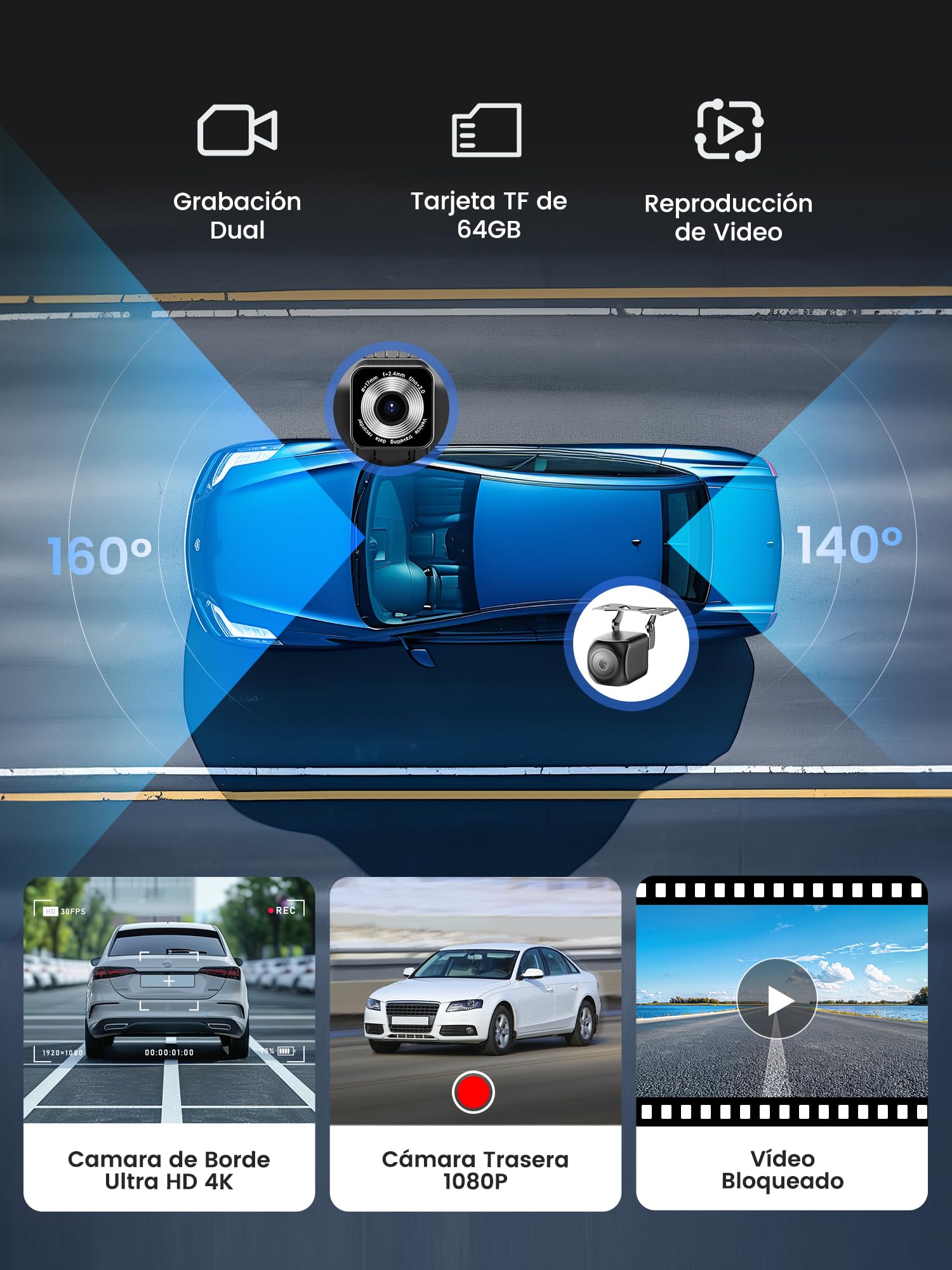 Carplay Auto, 9'' Schermo per Auto, Supporto CarPlay e Android Auto, Dash Cam 4K Integrata e Telecamera Posteriore 1080P, Navigazione GPS/Bluetooth 5.0/Controllo Vocale/Mirror Link/FM, SD 64GB Inclusa